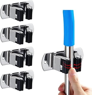 Minicoco Self Adhesive Broom Mop Holders Wall Mounted,4pc Stainless Steel Broom Holder with Hooks for Bathroom, Kitchen, Garage, Garden Tool Organizer, Brush Mop and Broom Gripper（Black）