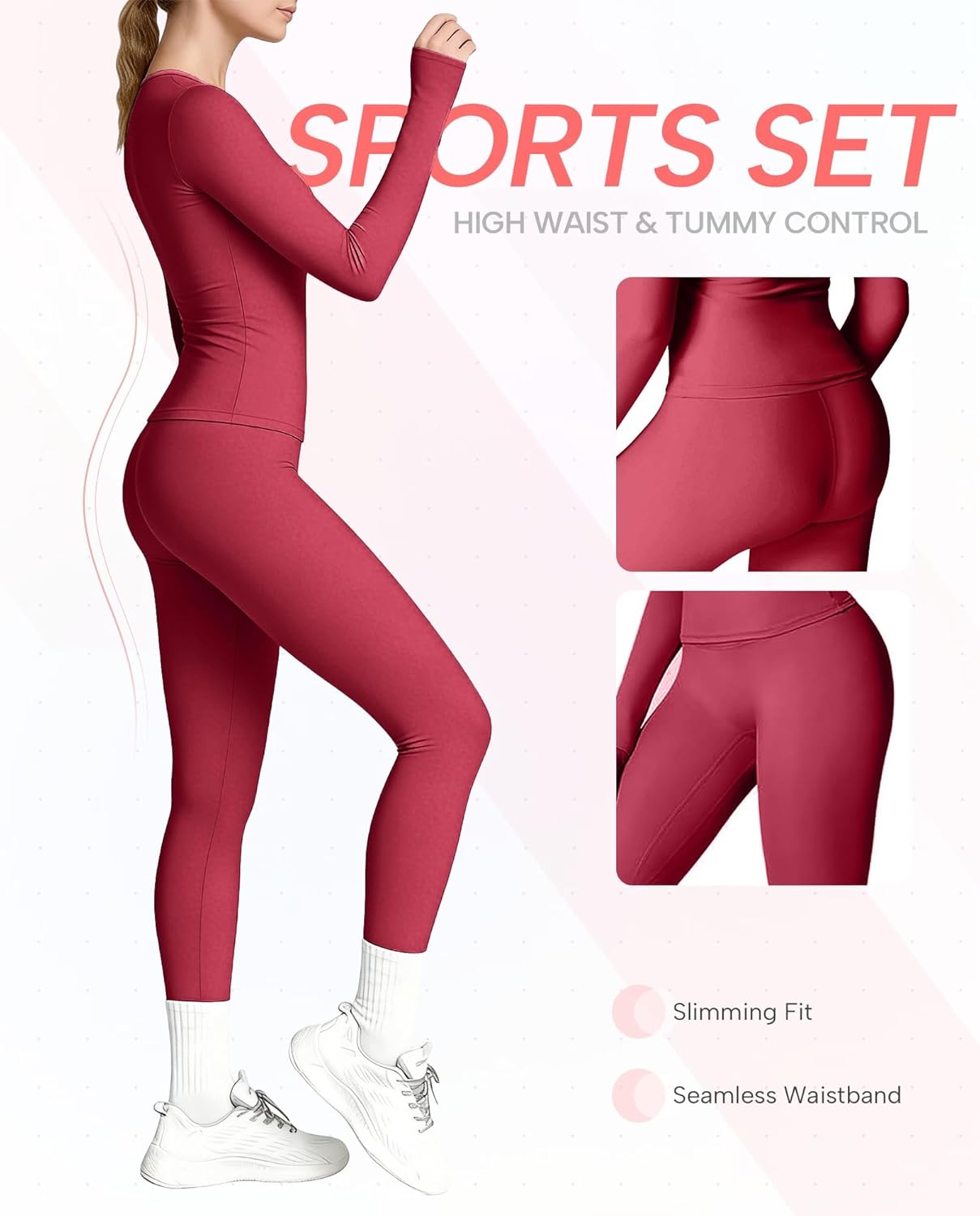 Women's 2 Piece Yoga Sets Long Sleeve Gym Tracksuit High Waist Running Leggings & Crop Top Outfits - Image 3