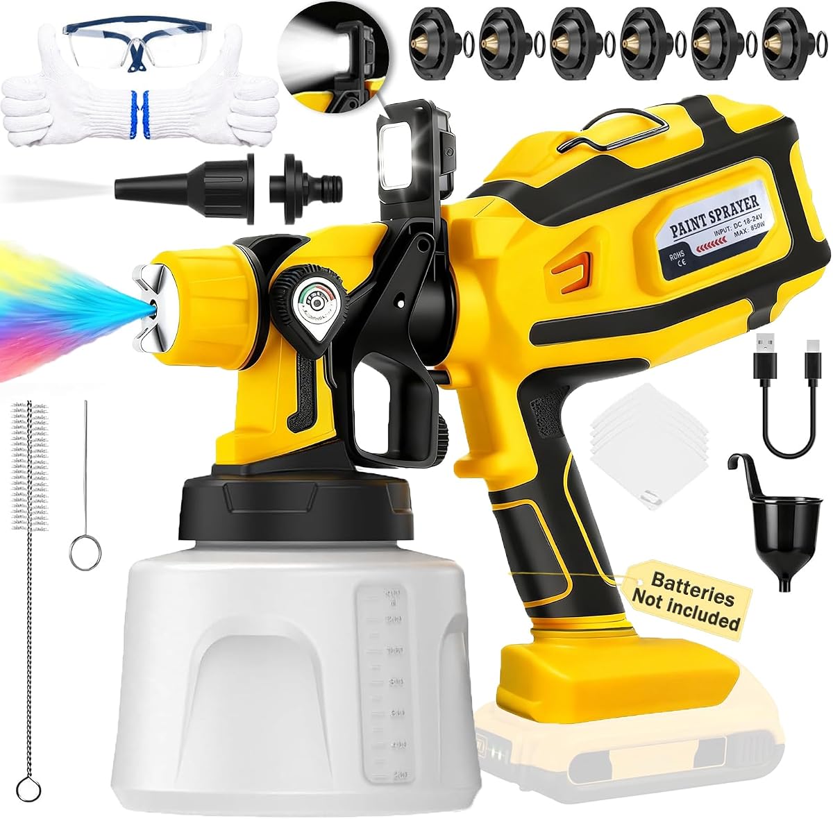 Cordless Paint Sprayer Compatible with DEWALT 20V MAX Battery (No Battery) | 3 Spray Patterns, 1400ML Capacity, 1*LED Light, 6 Nozzles, For House Painting, Furniture, Cabinets, Outdoor