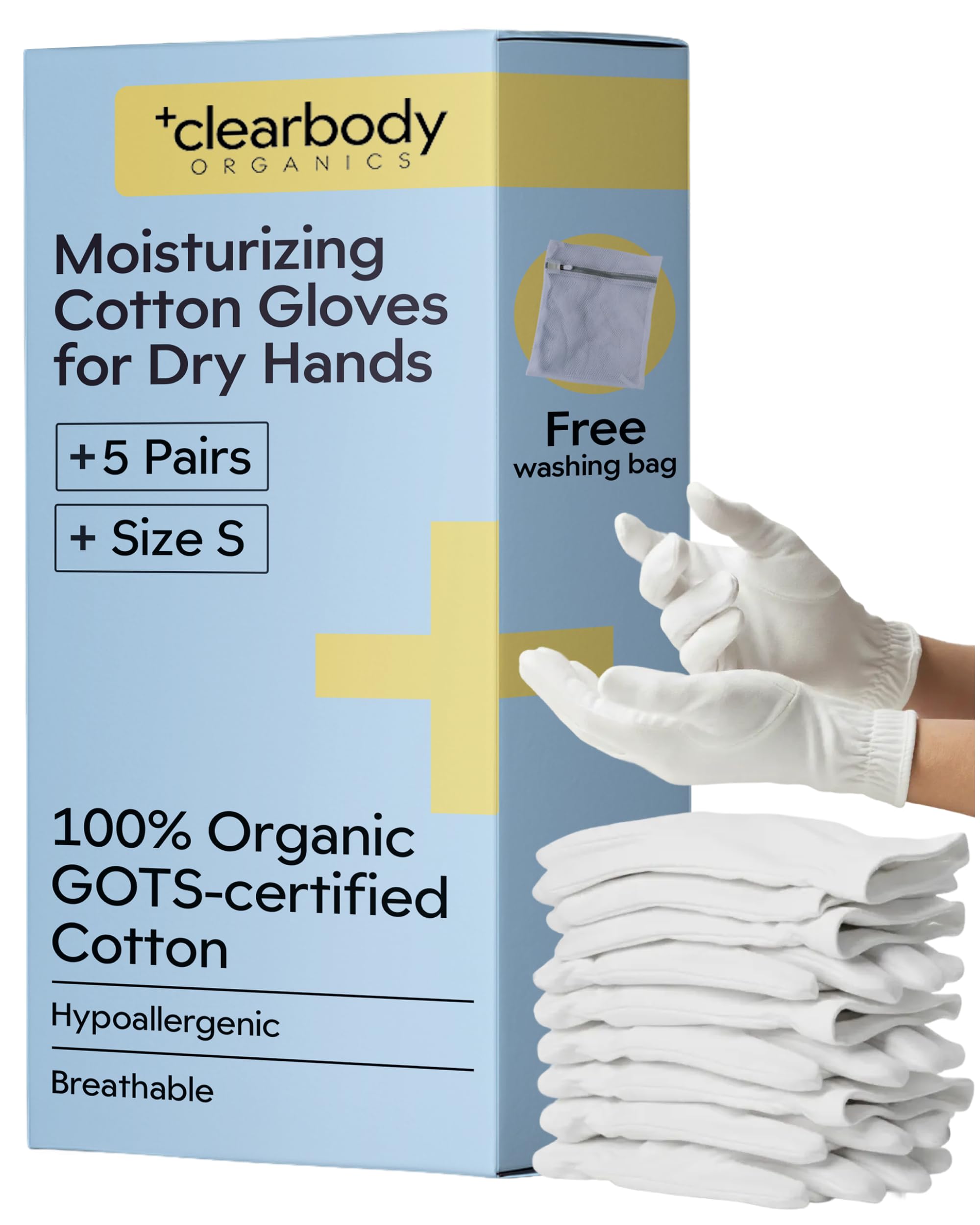 Clearbody Organics 100% Organic Cotton Gloves - 5 Pairs 10 Pc, Small, White - Moisture Lock & Moisturizing Gloves Overnight - Versatile Cotton Hand Liners
