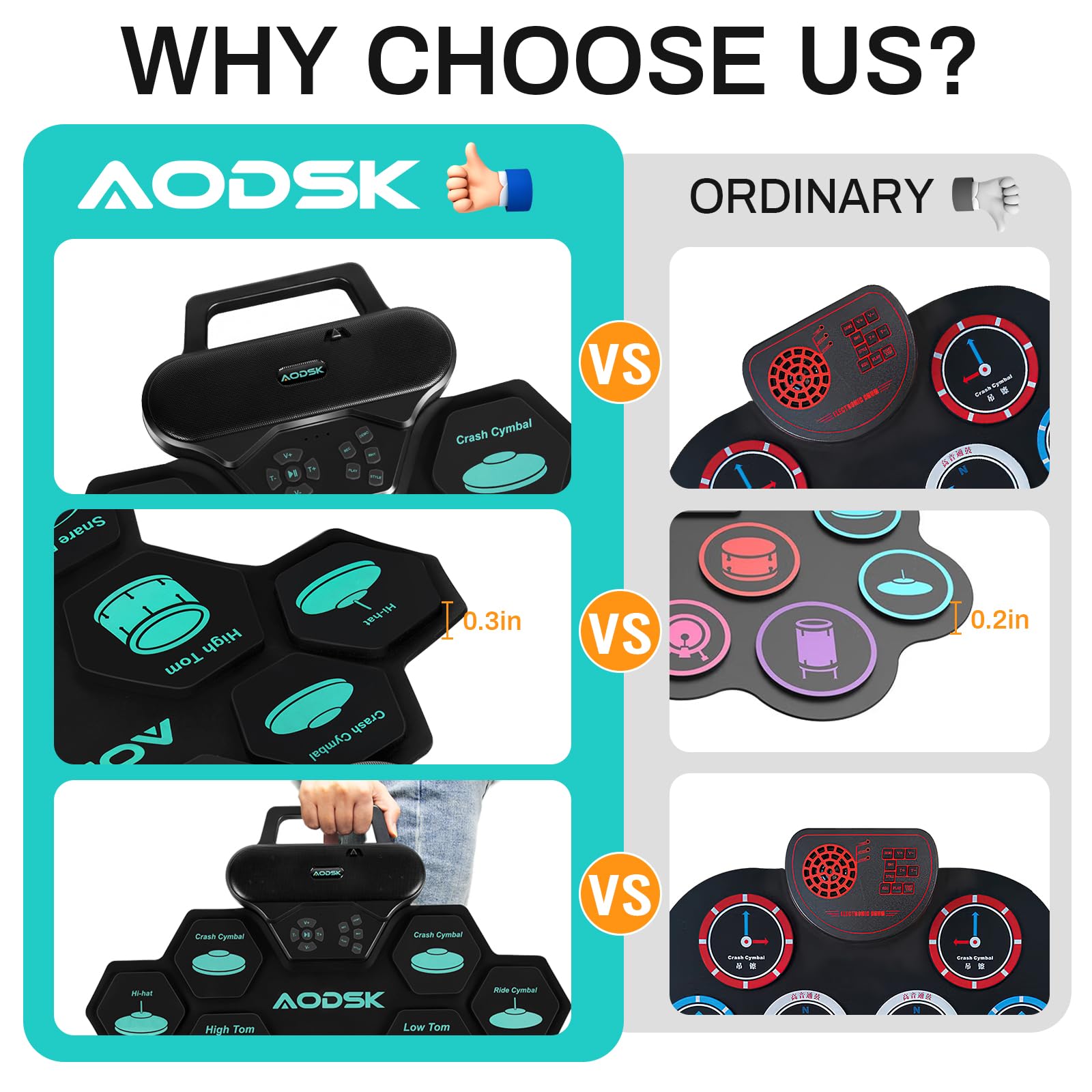 AODSK Set batteria elettronica, 9 pad per esercitarsi con jack per cuffie, macchina arrotolabile con altoparlante integrato, pedali, bacchette, ottimo regalo per Natale, compleanno