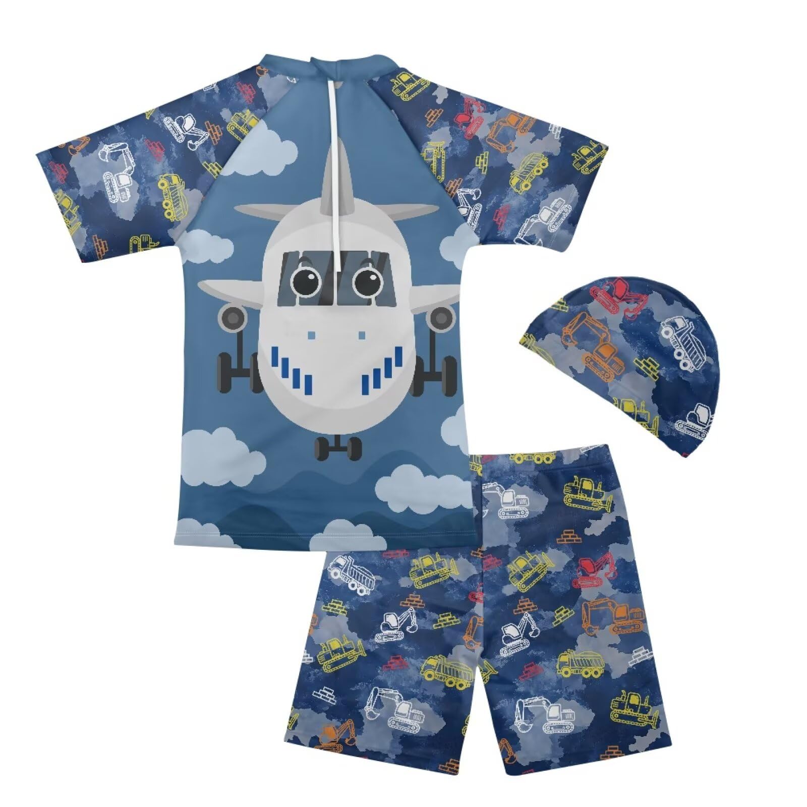 Yruonazao Cartoon Aircraft Swimming Suit for Boys Rash Guard Swim Set 3 Piece Zip Rashguard Swim Shirt and Bathing Suit Trunk Swim Cap 12T Summer Infant Beach Swimwear Surfing Holiday Pool Party