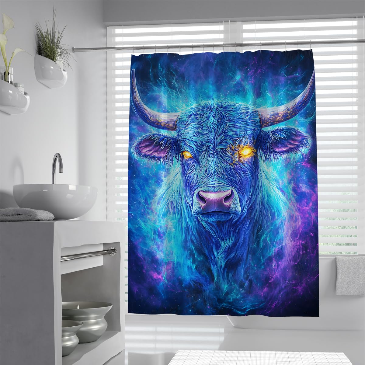 UIRINGART Cosmic Blue Cow Shower Curtain W120xL180cm Mystical Galaxy Wildlife Print Polyester Anti-mould Lightweight Machine Washable Hotel Bath Curtain with Hooks
