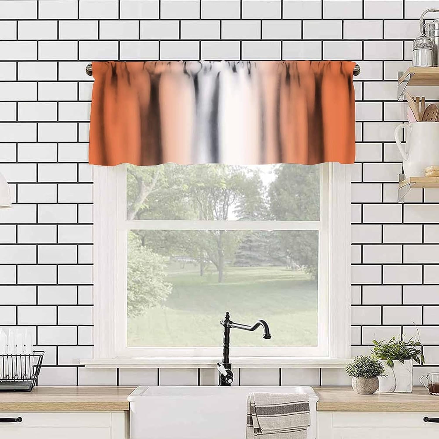 Orange White Curtain Valance Ombre Burnt Terracotta Amber Gradient Cute Modern Abstract Design Rod Pocket Valance for Kitchen Bathroom Living Room Cafe 54x18inch