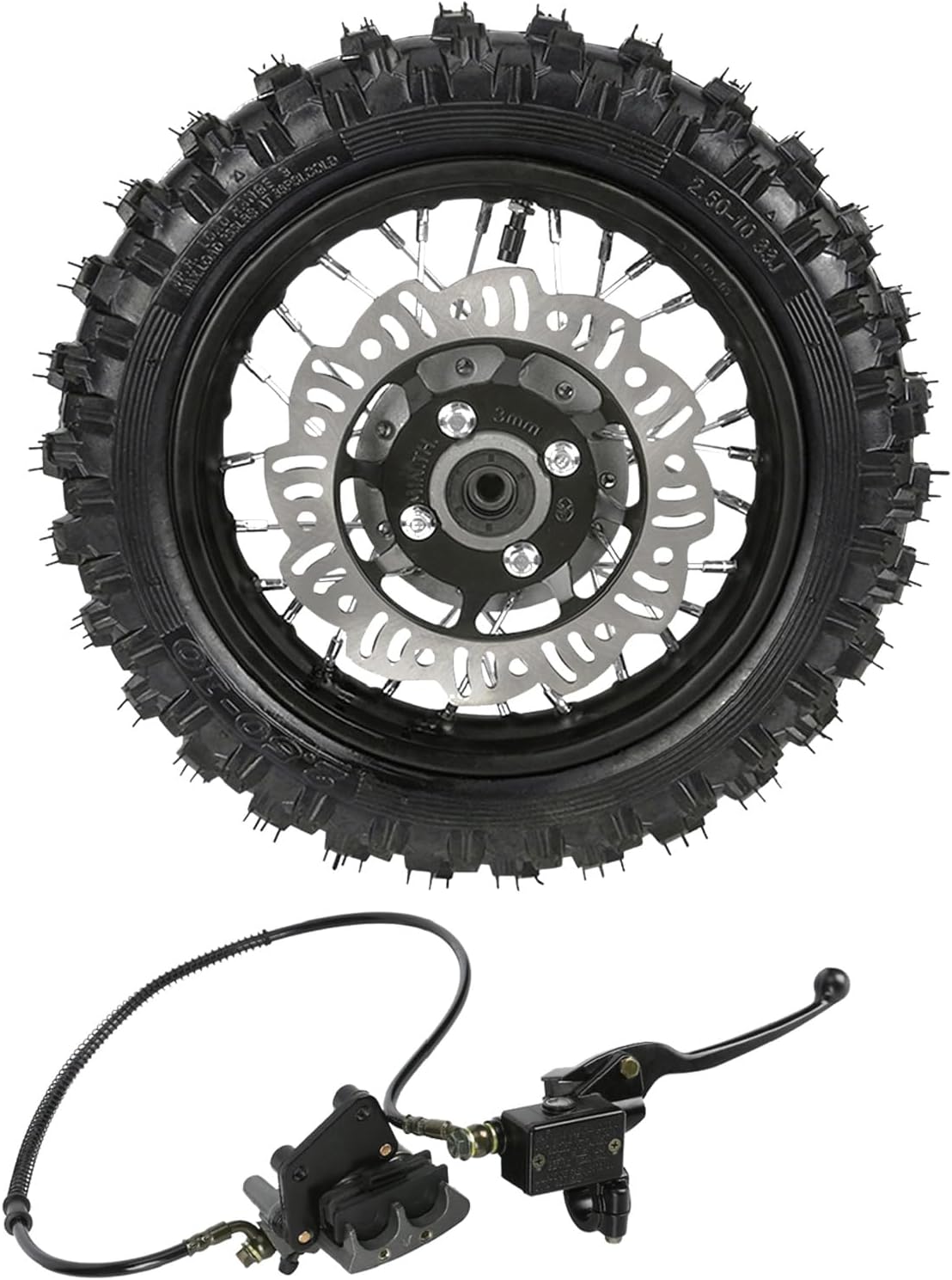 10" Front Wheel 2.50-10 Tire 1.4x10 Rim Disc Brake & Brake Caliper Cylinder Assembly for Dirt Pit Bike CRF XR 50 CRF50 XR50 Razor Apollo Coolster SSR Mini Bike Motorcycle 50cc 70cc 90cc 110cc 125cc