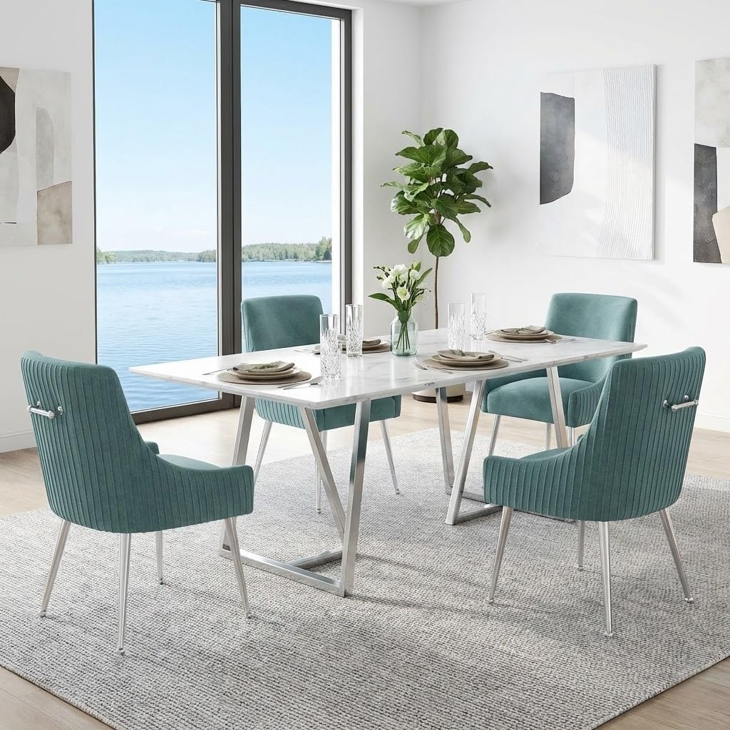 Dining Chairs Modern Style Velvet Upholstered Accent Chair Vanity Chair with Vertical Bar Tufted Chair with Silver Legs Set of 2 for Living Room,Dining Room,Bedroom