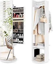 GYMAX 3 in 1 Jewellery Cabinet with 360° Rotating Base and 3 Colour Integrated LED Lights, Versatile Clothes Rack with Mirror and Large Classified Storage, White