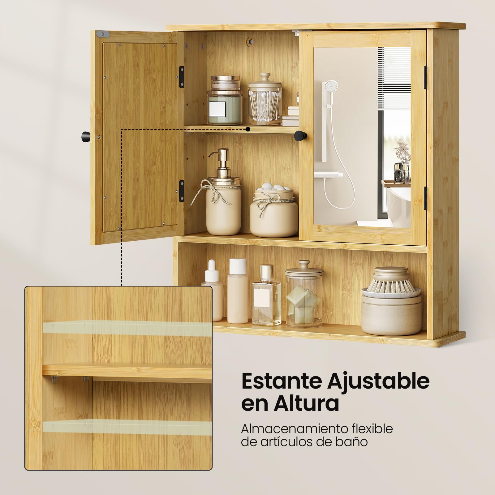 EUGAD Armario Baño de Bambú, Armario Baño Pared con Puertas de Espejo, Mueble con 1 Estante Ajustable y 1 Compartimiento Abierto, Cocina y Dormitorio, 56x14x58 cm