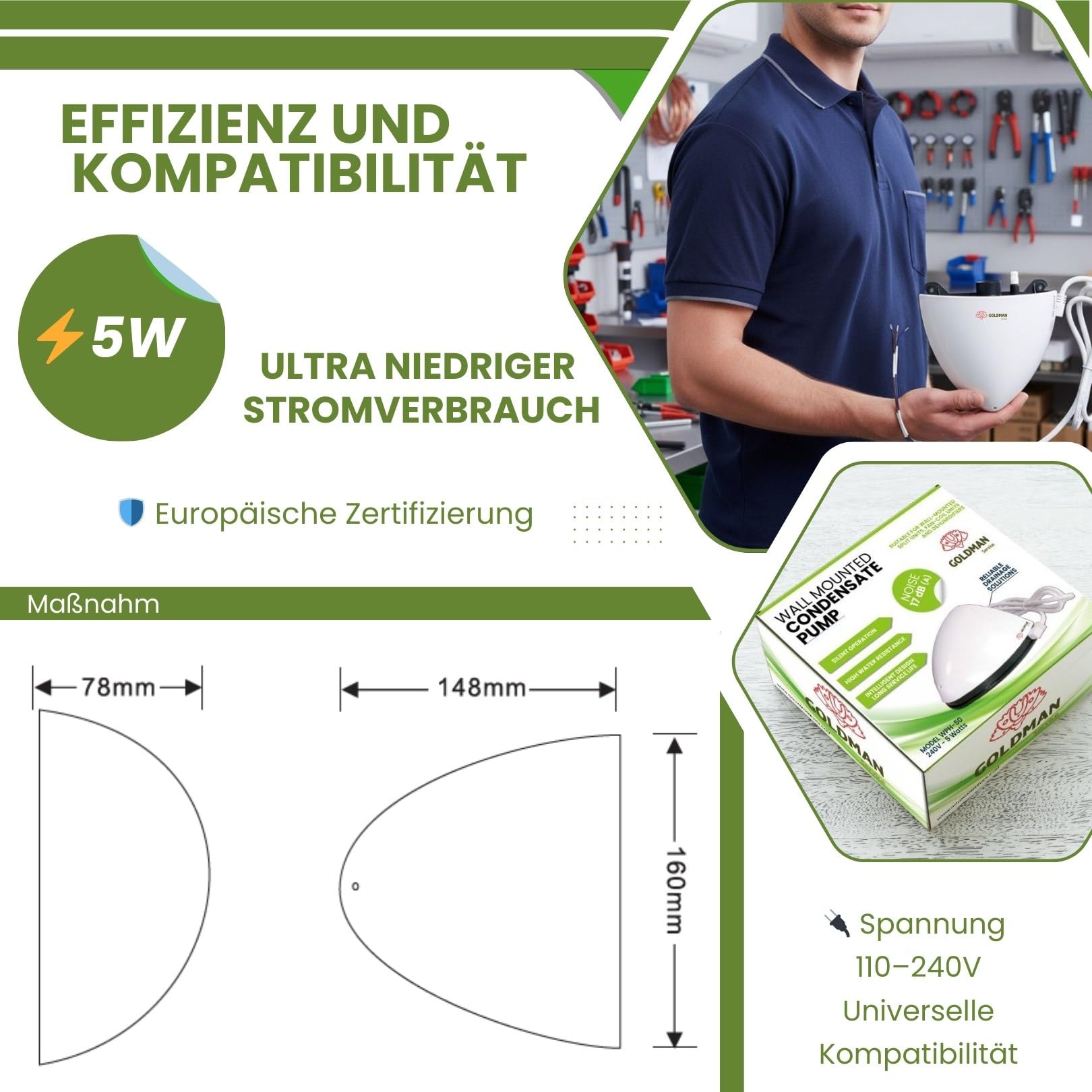 GOLDMAN SERVICE Kondensatpumpe für die Wand, 20 m Erhöhung, Split-Abflusspumpe, sehr leise, 17 dB, integriertes Alarmsystem, 5 W, geringer Stromverbrauch
