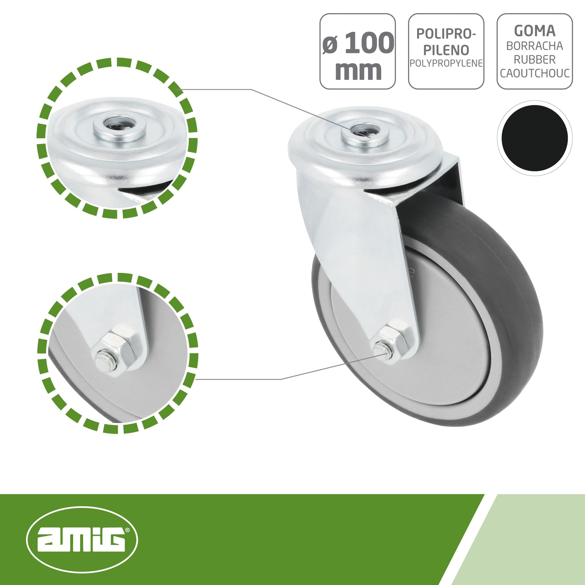 Amig - Set Of 4 Furniture Brake Castors | Diameter 100 Mm | Swivel