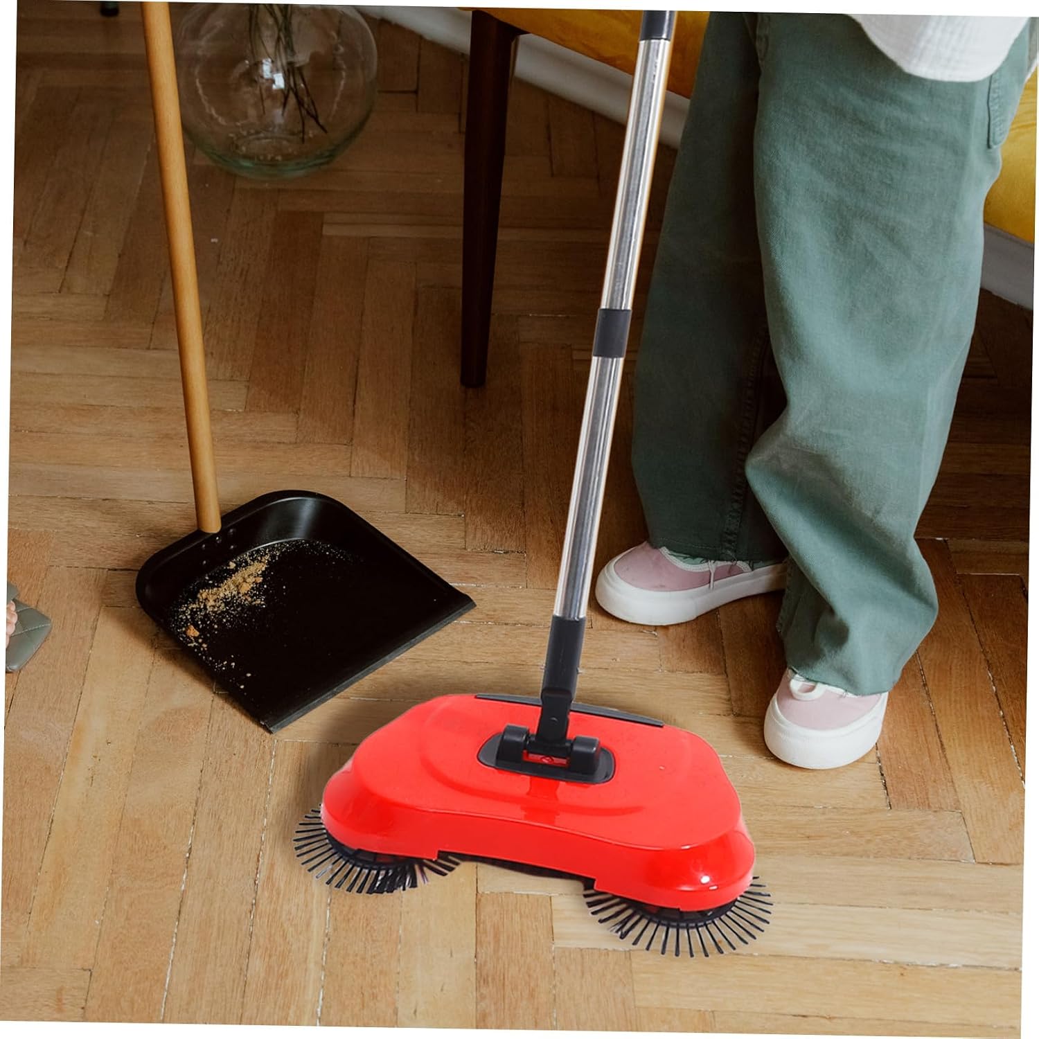 Multi-Function Push Sweeper Broom Dustpan with Adjustable Handle and Enclosed Trash Bin for Hard Floors Pet Roller Brush for Gentle Floor Cleaning Suitable for Tile Marble Concrete