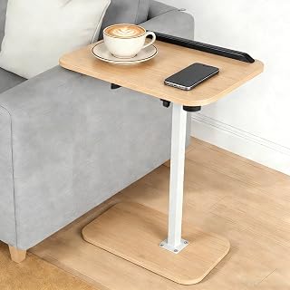 サイドテーブル 昇降式 ベッドテーブル 幅39.5×奥行29.5×高さ45-75cm ソファーテーブル タブレット・PCデスク 高さ調節・天板角度調整可能 簡易テーブル 360度回転 作業用 仕事用 移動便利 組立簡単 (ベージュ, Bタイプ)