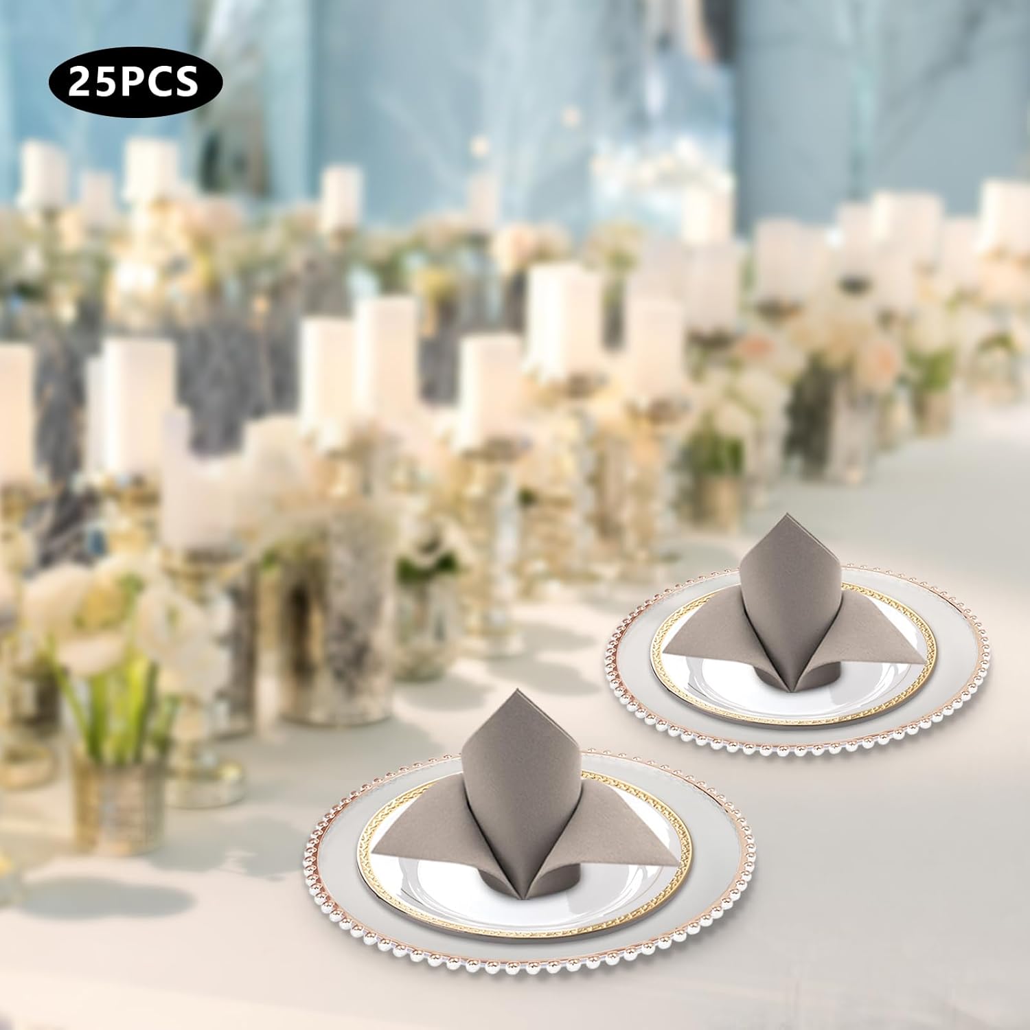 Rose Gold Plastic Plates - 25 Pcs Clear Charger Plates for Wedding Party Table Decor & Home Kitchen Dining - Round Dessert Plates with Rose Gold Trim