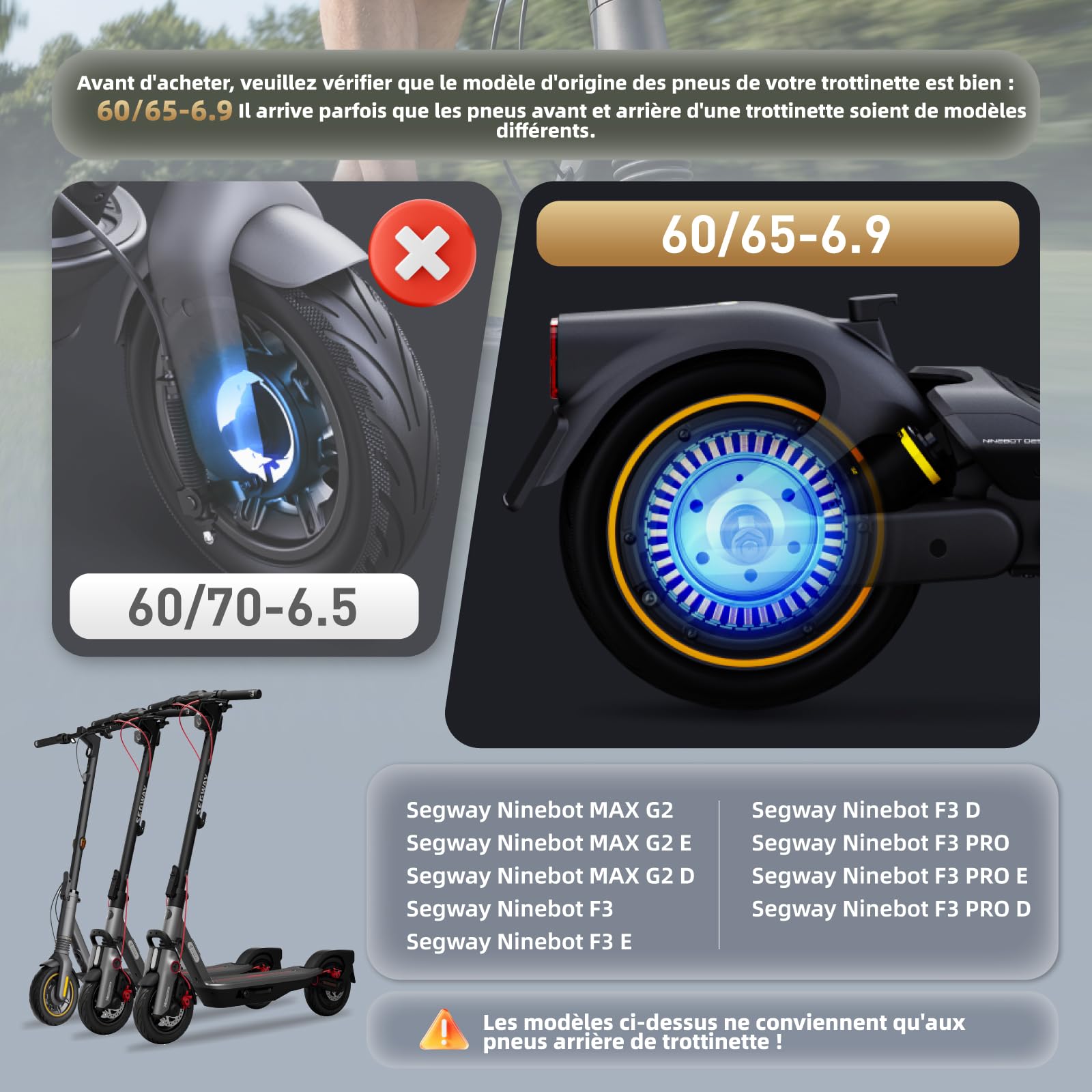 Lot de 2 pneus auto-réparateurs 60/65-6,9" pour scooter électrique Ninebot Max G2 G65 - 10" - Pneu de rechange sans chambre à air avec colle avant/arrière