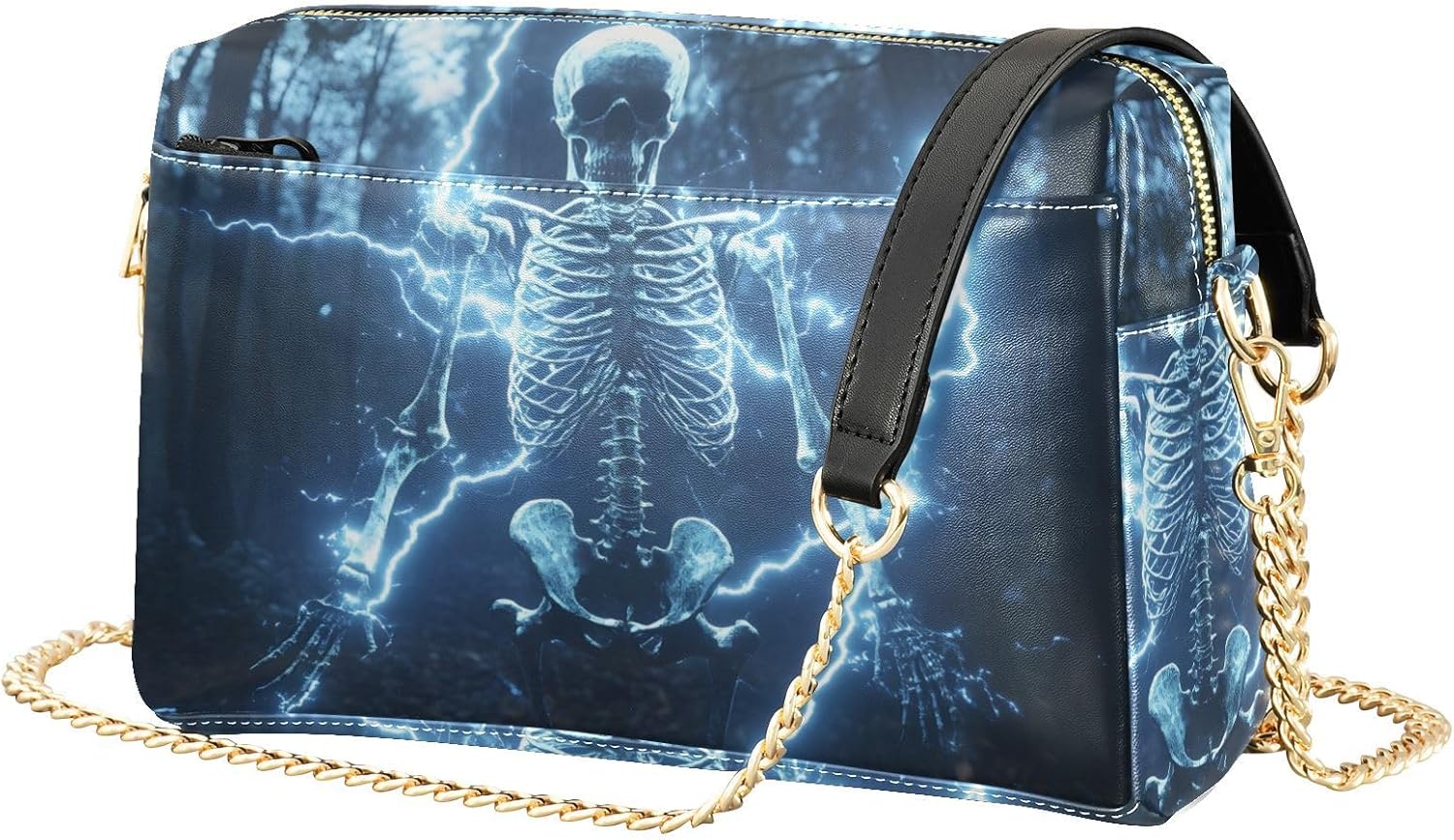 Women Crossbody Bag Shoulder Handbag Cellphone Purse PU Leather Metal Chain Strap Water Resistant Zipper Closure Lightening Skull Print