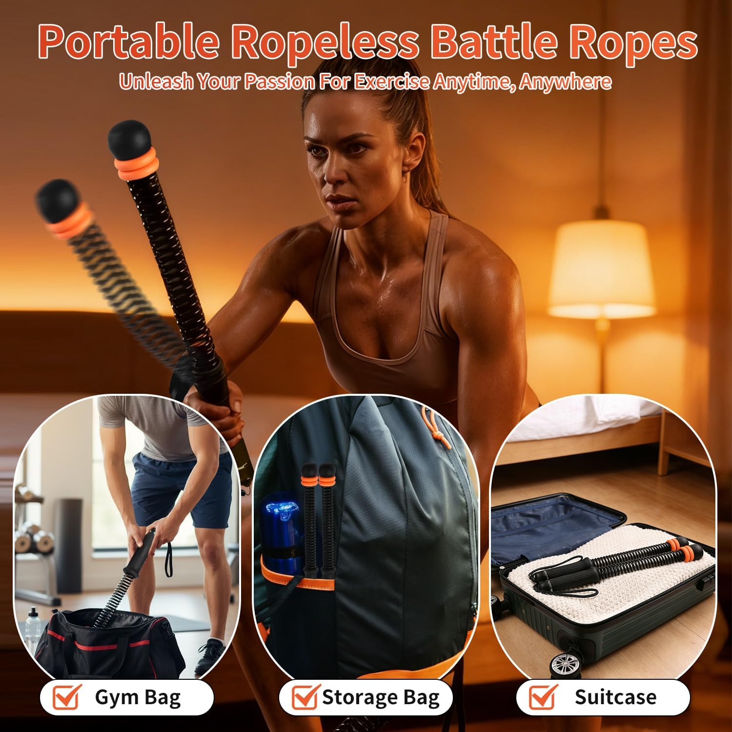 Adjustable Ropeless Battle Ropes - Cordless Battle Ropes for Home Gym with Storage Bag & Wrist Guards - Portable Workout Equipment for HIIT, Low-Impact Cardio, Strength Training, for Men & Women