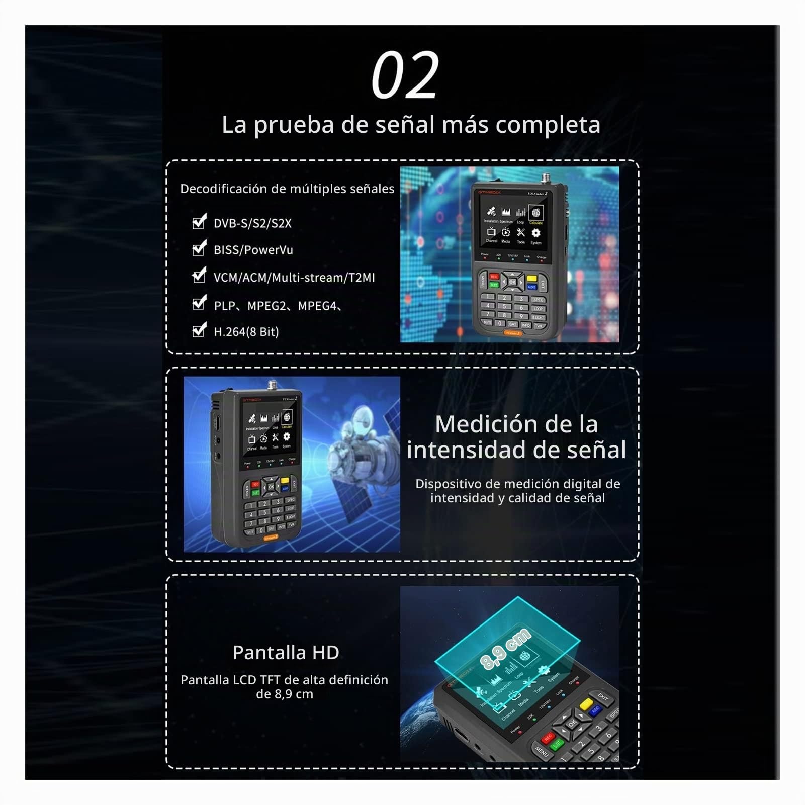 Medidor de Campo TDT, Medidor de señal de satélite digital actualizado TV DVB-S/S2/S2X receptor Sat Detector 4000mAh buscador de señal de satélite de gran capacidad ,para configurar antena parabólica