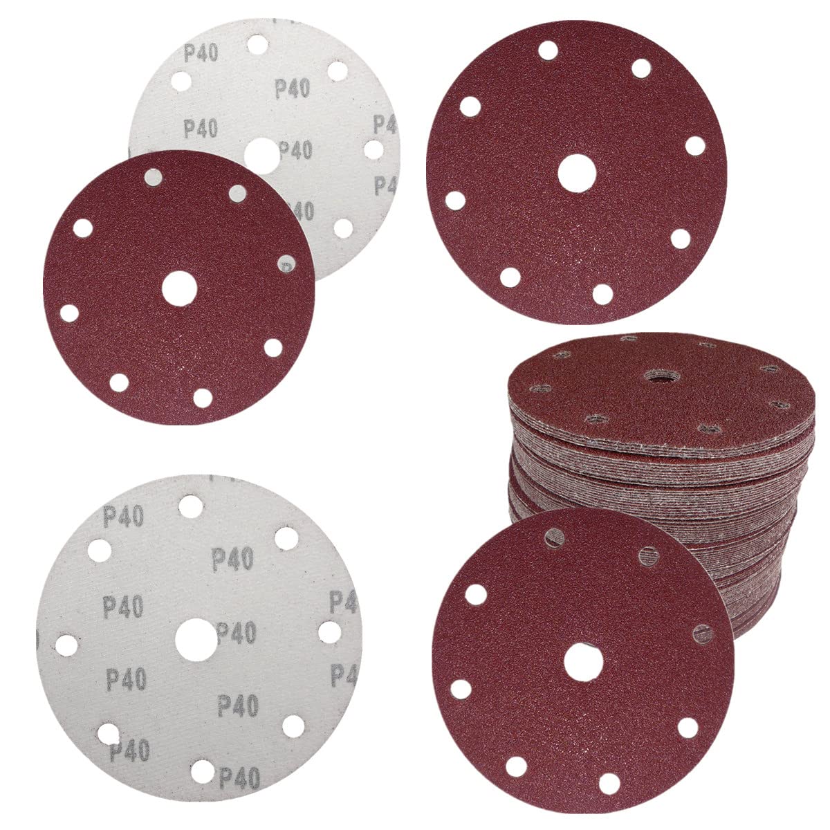 50 dischi abrasivi eccentrici in velcro, diametro 150 mm, grana 9 fori, grana P40, dischi abrasivi eccentrici
