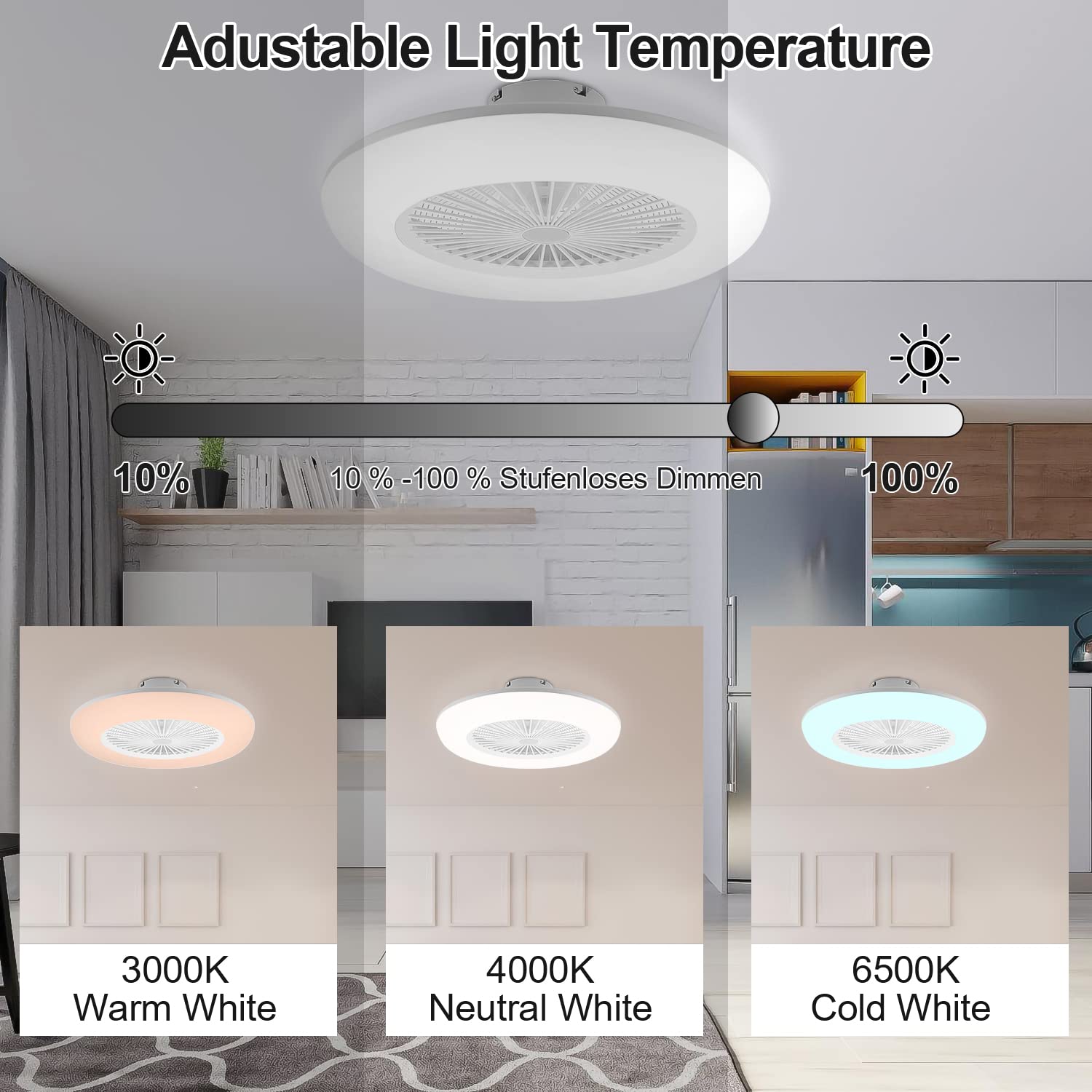1x Ventilatore da soffitto con illuminazione, luce LED dimmerabile da 80W con telecomando e app, 6 velocità, 3000-6500K, modalità estate e inverno