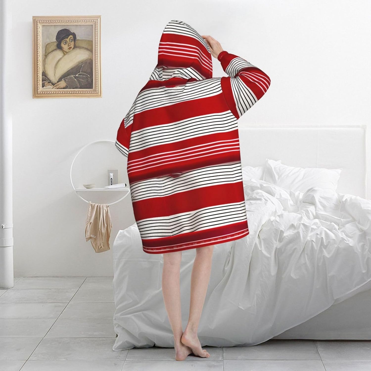 Red Stripeprint Oversized Hoodie Blanket, Super Soft Warm Comfortable Hoodie, Wearable Blanket Adult