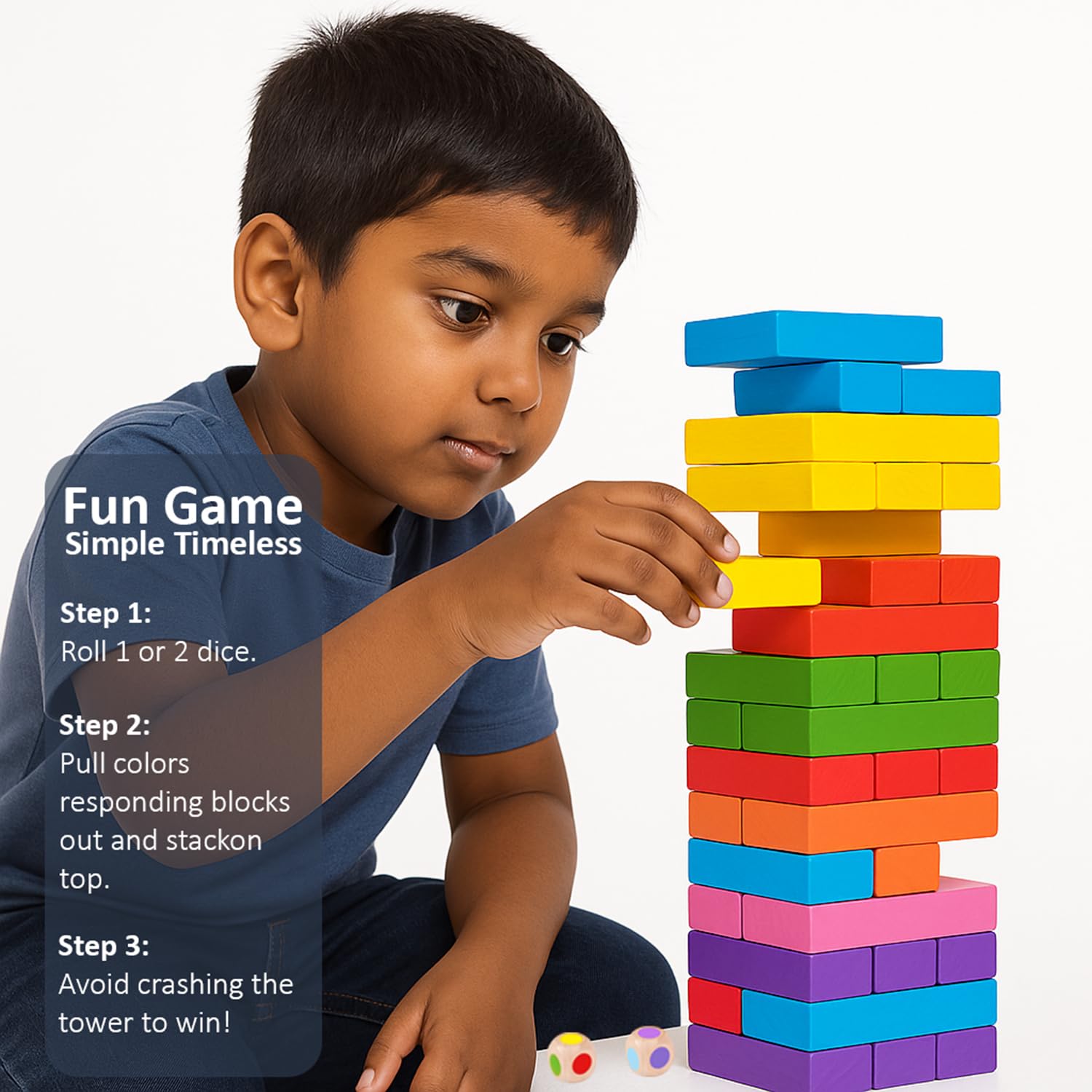 WUDLY® Colorful Wooden Stacking Tower Game for Kids & Adults - Montessori Tumbling Blocks with Dice - Educational Fun Toy for Family & Party (Color) - Image 8 thumbnail