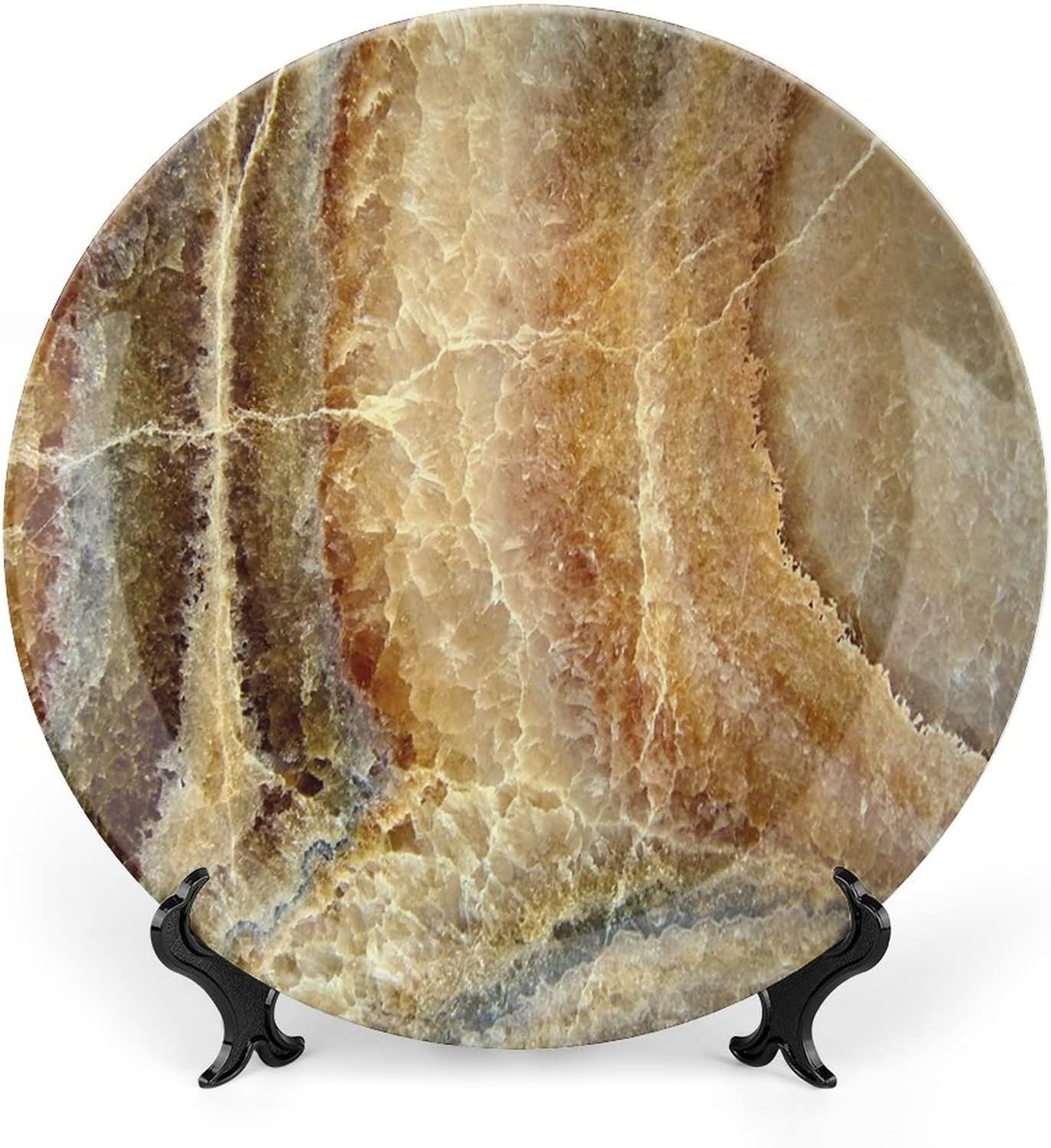 XISUNYA 7 Inch Decorative Plate, Marble Round Porcelain, Onyx Stone Surface Pattern Print Ceramic Wall Hanging Decor Accessory for Dining Table Tabletop Home Decor, Sand Brown Cinnamon