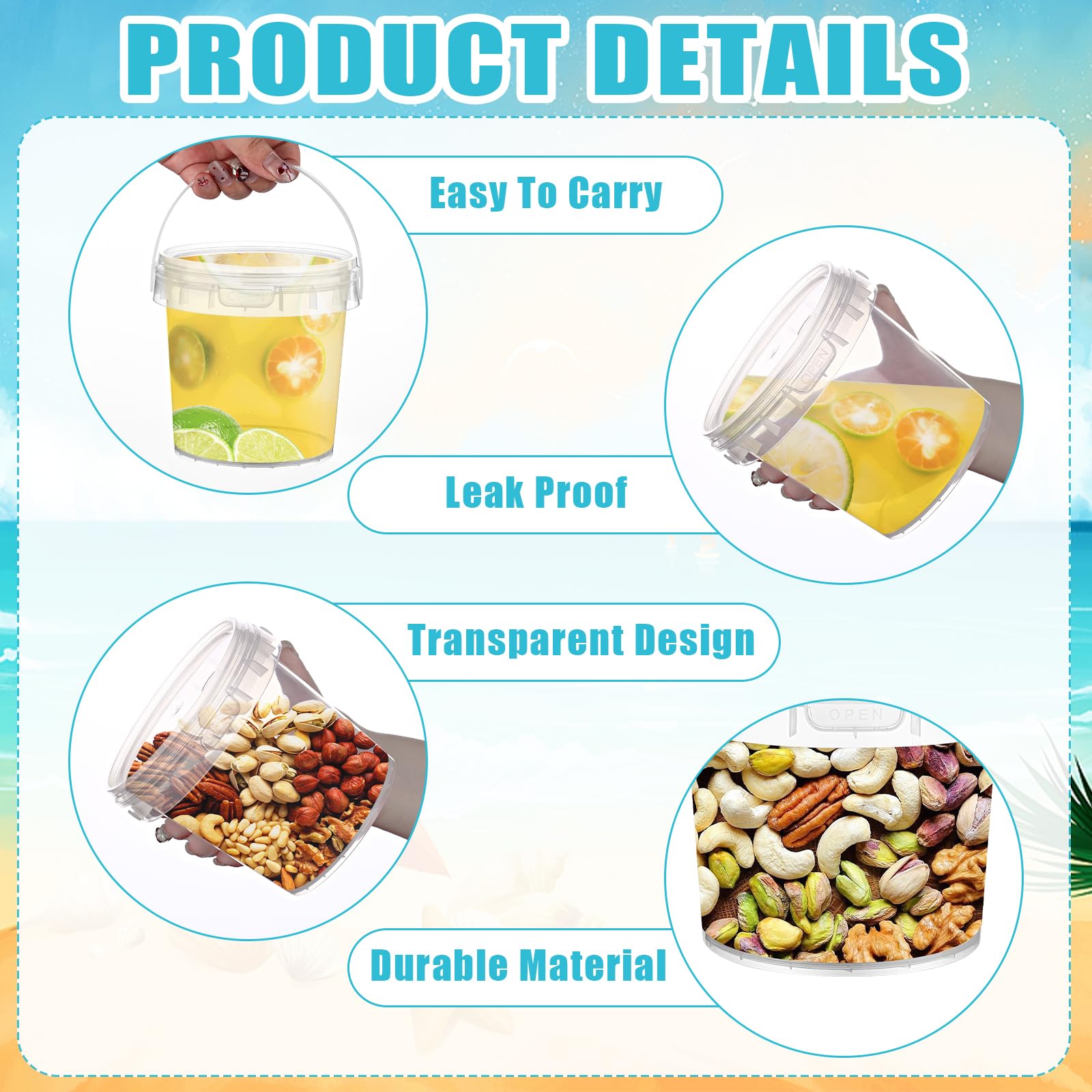 Paquete de 20 cubos de helado con tapas asas y cuchara, cubo de plástico reutilizable para bebidas, cubetas de ron de cóctel transparentes para fiestas (8.5 fl oz/1 litro) con calcomanías de verano 3