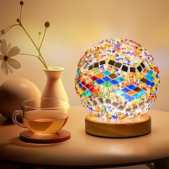 Turkish Mosaic Lamp, 3 Color Temperature Tiffany Bedside Lamp with USB Power, Moroccan Glass Lantern Table Lamp for Living Room Decor, Simple Control D4.7" x H5.2" Color1