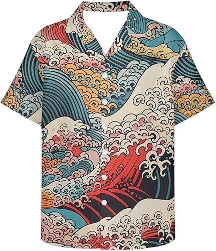 GLUDEAR Camisa japonesa con botones y estampado 3D de Kanagawa Katsushika Hokusai Art 3D para hombre