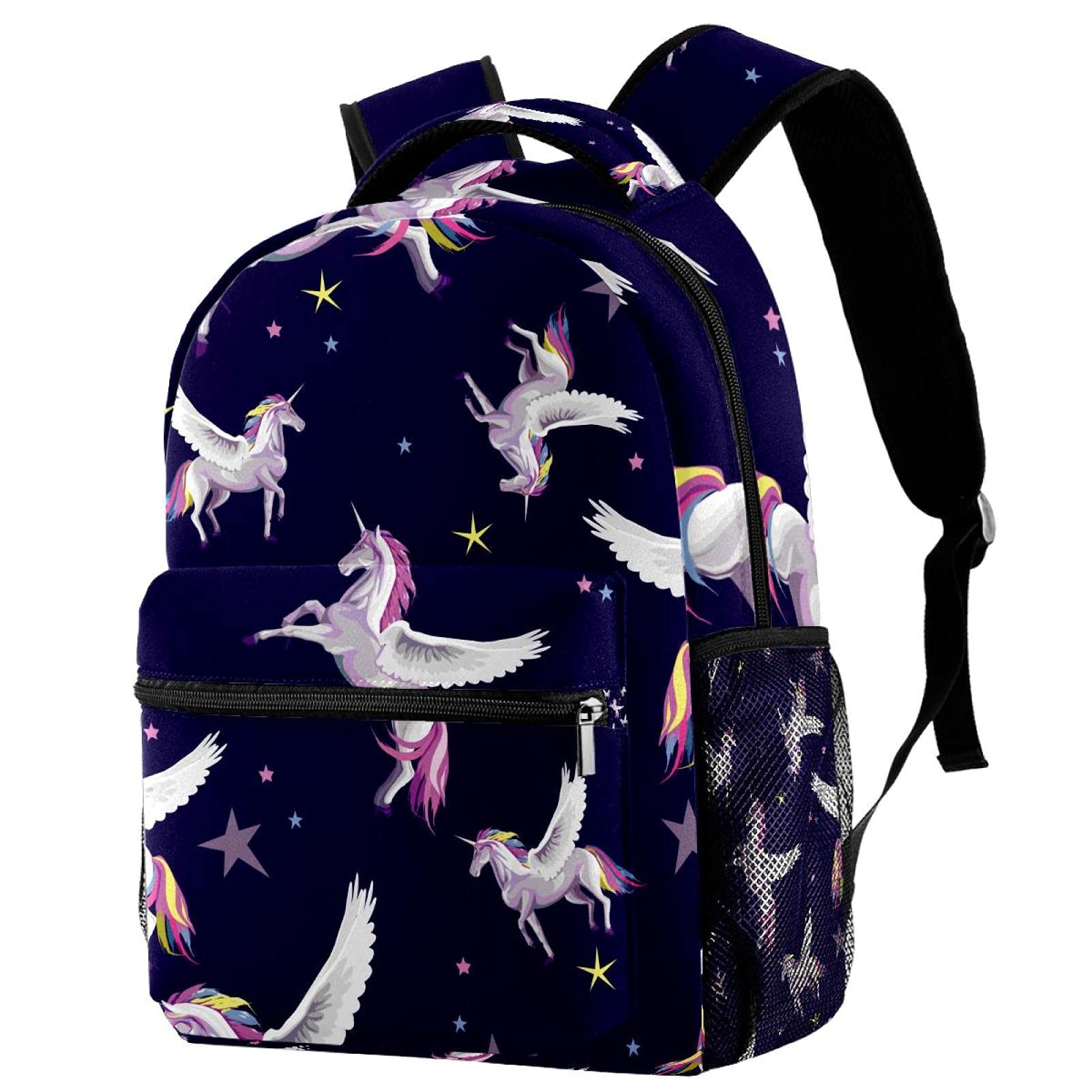 Wasserfarben Weltraum Einhorn Planet Stars Rucksack/Studentenrucksack/Schultasche/entzückende Büchertasche mit Seitentaschen für Jungen, Mädchen, Teenager, Angel Unicorn Star Night Navy Hintergrund