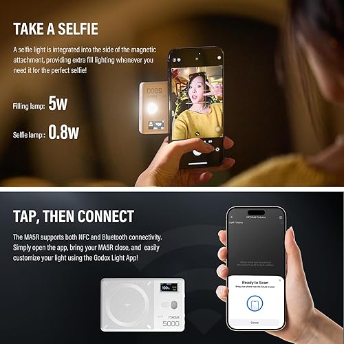 Miniatura 3 de GODOX MA5R - Luz de relleno LED con difusor suave, carga magnética, iluminación para selfies, mini luces de cámara 1800K-10000K, 14 modos FX para