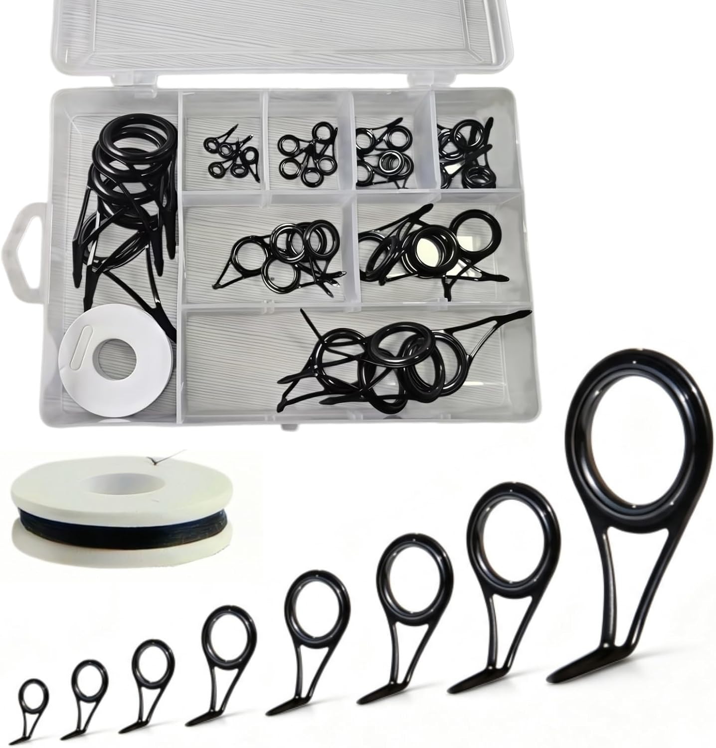 Fishing Rod Repair Kit with Rod Wrapping Machine Complete Size Pole Guides | 8 Sizes Casting＆Spinning Rod Eyes Ceramic Rings Stainless Steel Rod Eyelet Replacement for Rod Building DIY