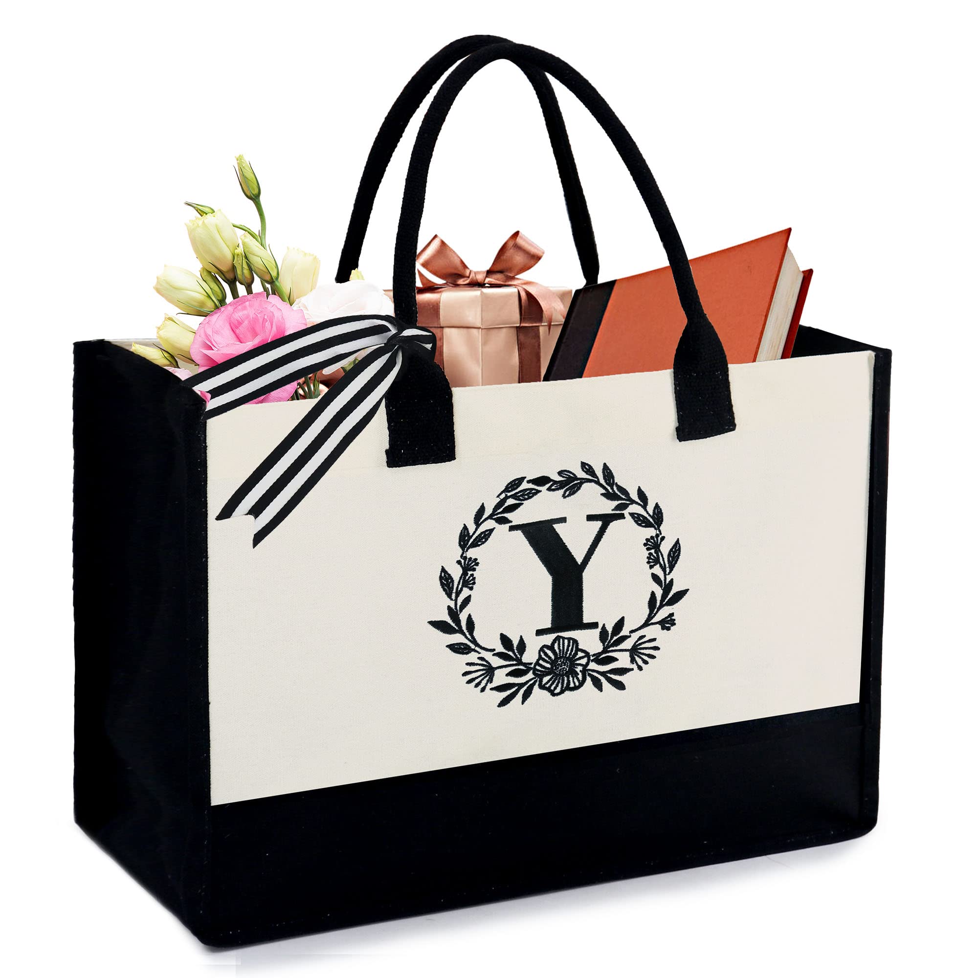 BeeGreen Embroidery Monogram Initial Tote Bag for Women Teacher Mom Friend Personalized Gift for Birthday Beach Wedding Work