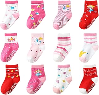 Baby Baby Boys Girls Grips Socks Infant Toddler Anti Slip Socks 12 Pairs Cute Cartoon Socks Cozy Breathable Cotton Baby Ankle Socks