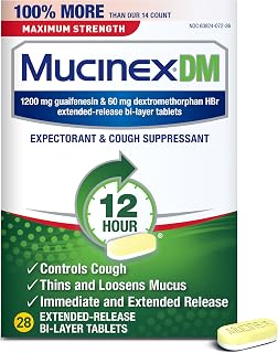 Mucinex Cough Suppressant and Expectorant, DM Maximum Strength 12 Hour Tablets, 28ct, 1200 mg Guaifenesin, Relieves Chest Congestion, Quiets Wet and Dry Cough, #1 Doctor Recommended OTC Expectorant
