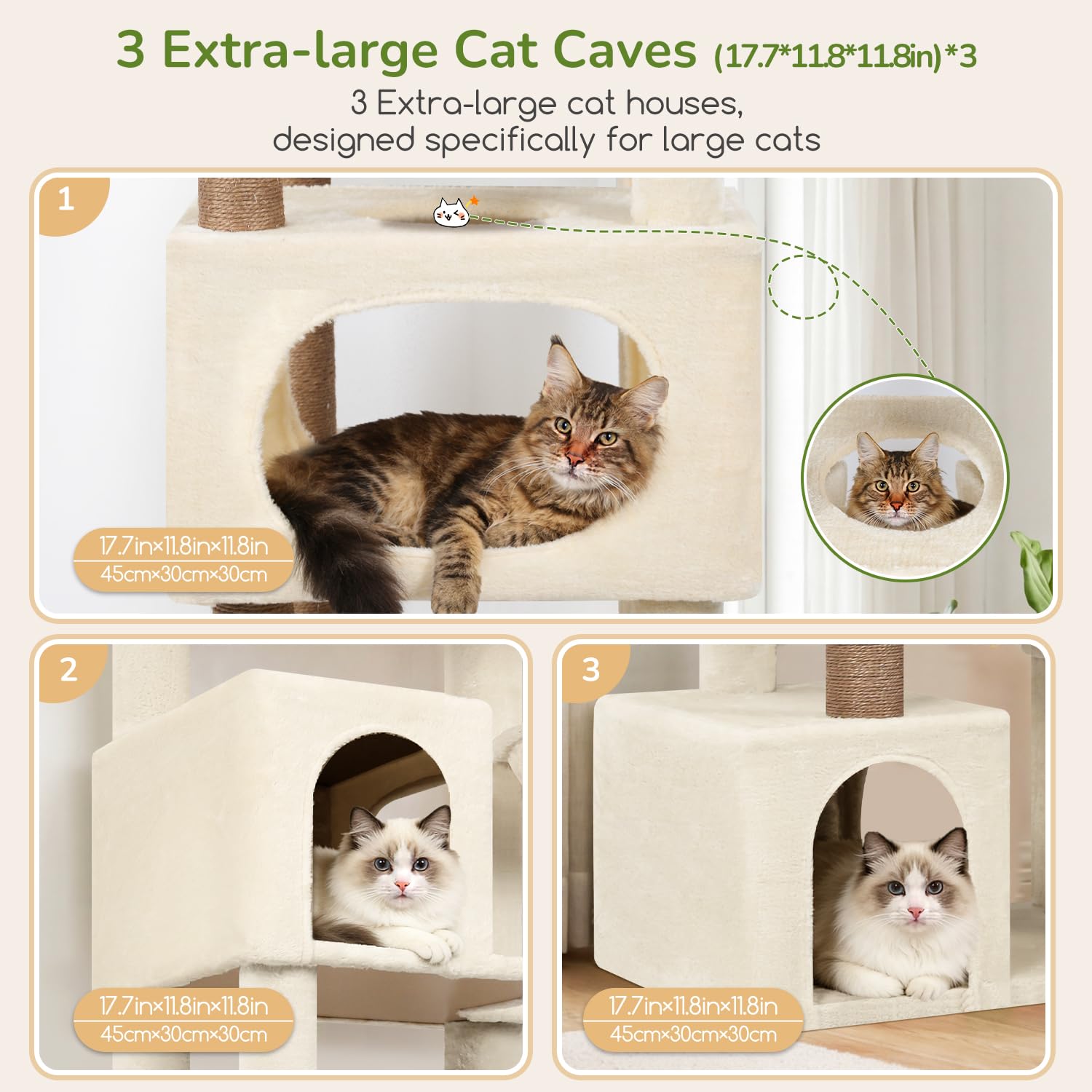 Globlazer Árbol Rascador para Gatos Beige XXL 203 cm Alto con 3 Grande Nidos 45*30*30CM, Extragrande Plataforma, Cesta, Juguetes, Estable Rascador para 4-6 Gatos Adultos Jugar Interior (S80, Beige)