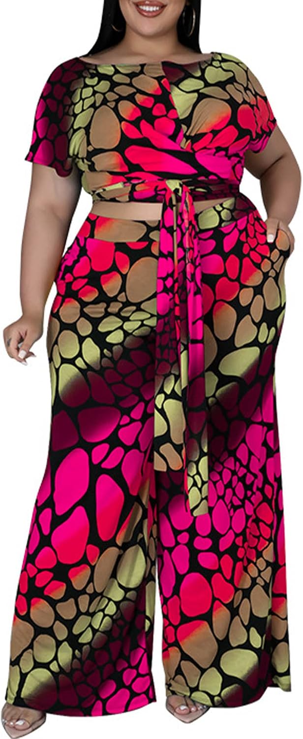 SOMTHRON Women's Plus Size 2 Piece Outfits Tie Dye Print Short Sleeve Tied Knot Crop Top Wide Leg Pockets Long Pants Set