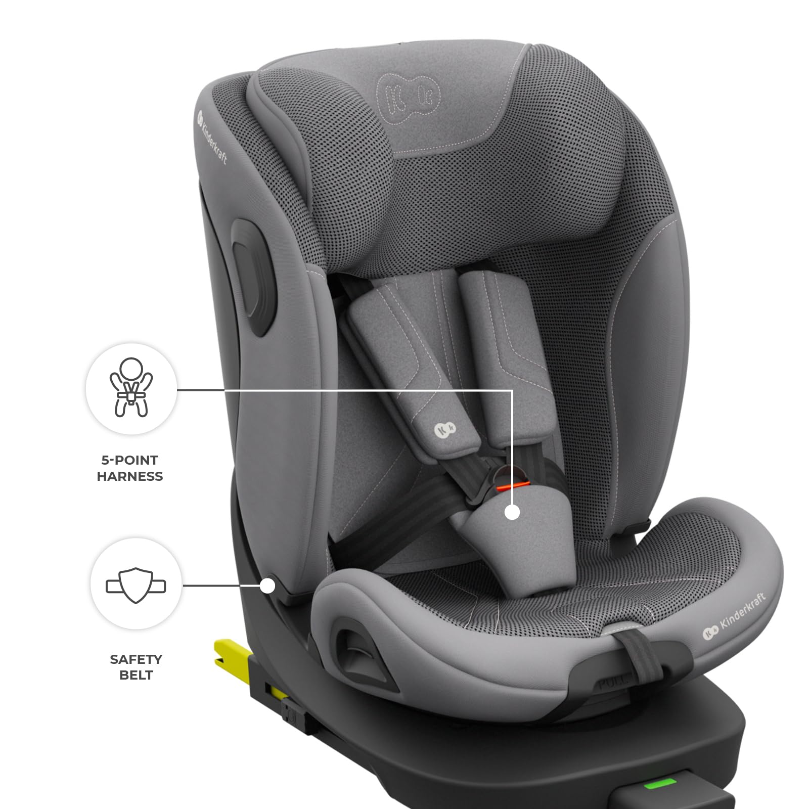 Kinderkraft I-360 2 PRO, fotelik samochodowy i-Size 40–150 cm, obracany 360°, ISOFIX, tyłem i przodem, H-GUARD+, SPS+, EASY SPIN PRO, EASY GROW, od narodzin do 12 lat, Szary