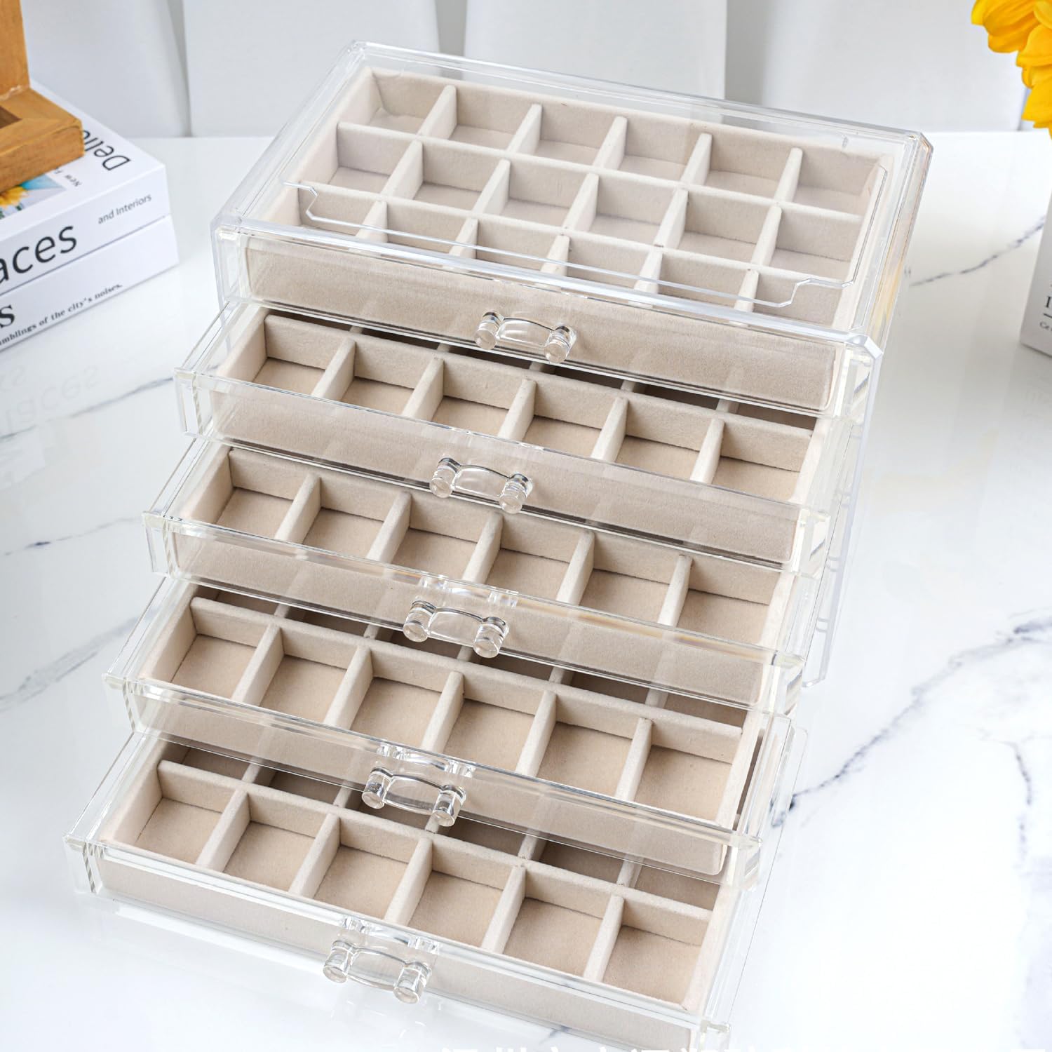 SPAKOWN Earring Organizer, Acrylic Jewelry Box with 5 Drawers, Clear Velvet Earring Storage Display Case with 90 Compartments for Women Girls (Beige)