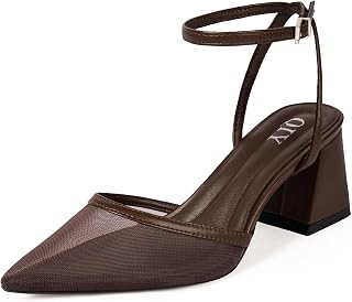 QIY Women's Closed Toe Ankle Strap Chunky Block Heel Pumps - Pointed Toe Slingback Wedding Shoes 2.76"