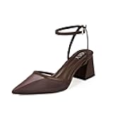 QIY Closed Toe Heels for Women Ankle Strap Pointed Toe Slingback Chunky Low Heels Womens Pumps Wedding Dress Shoes