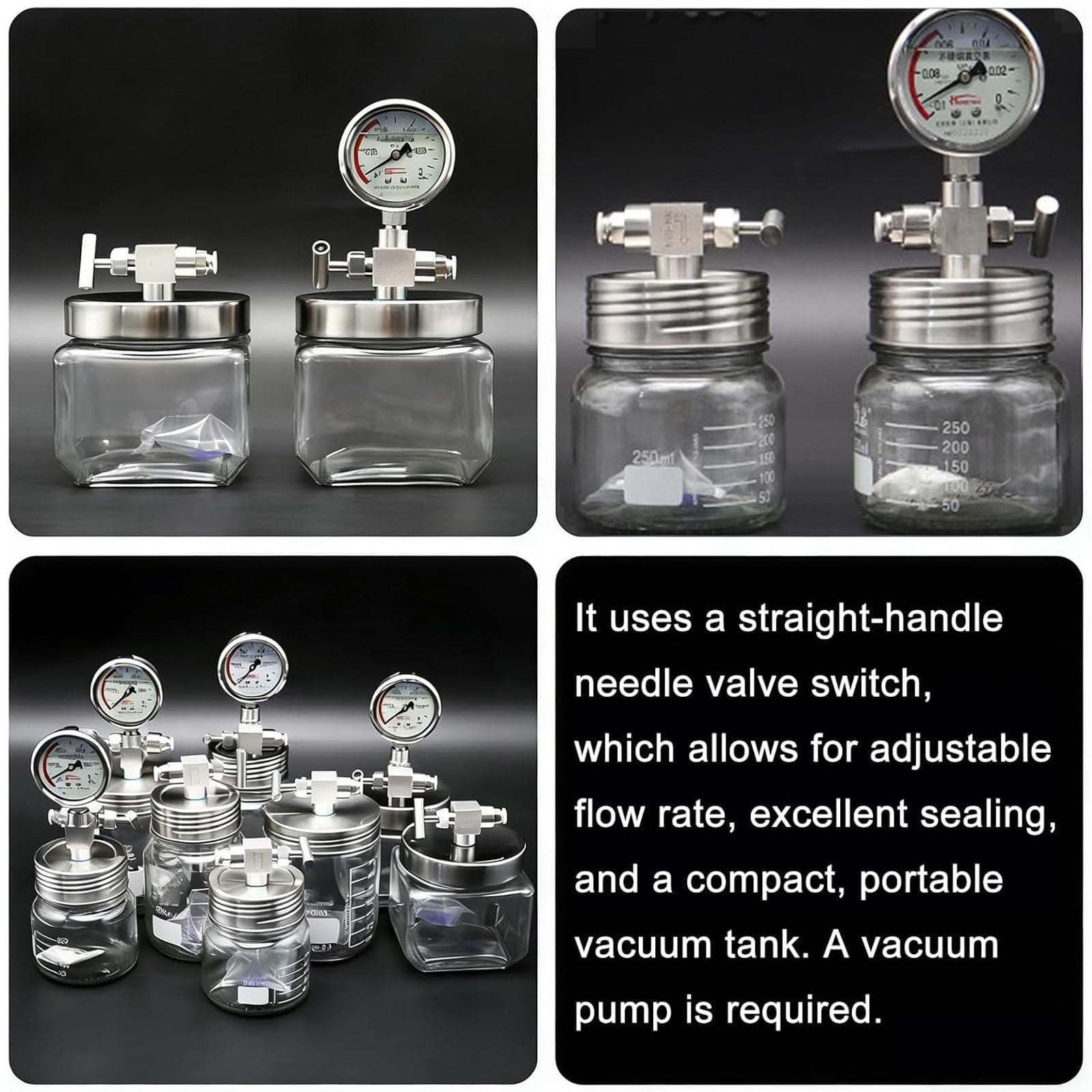 Membran-Vakuumpumpe, Vakuumkammer-Set, Entgasungskammer aus Glas zur Lagerung chemischer und biologischer Laborproben, inklusive Manometer und Vakuumbehälter
