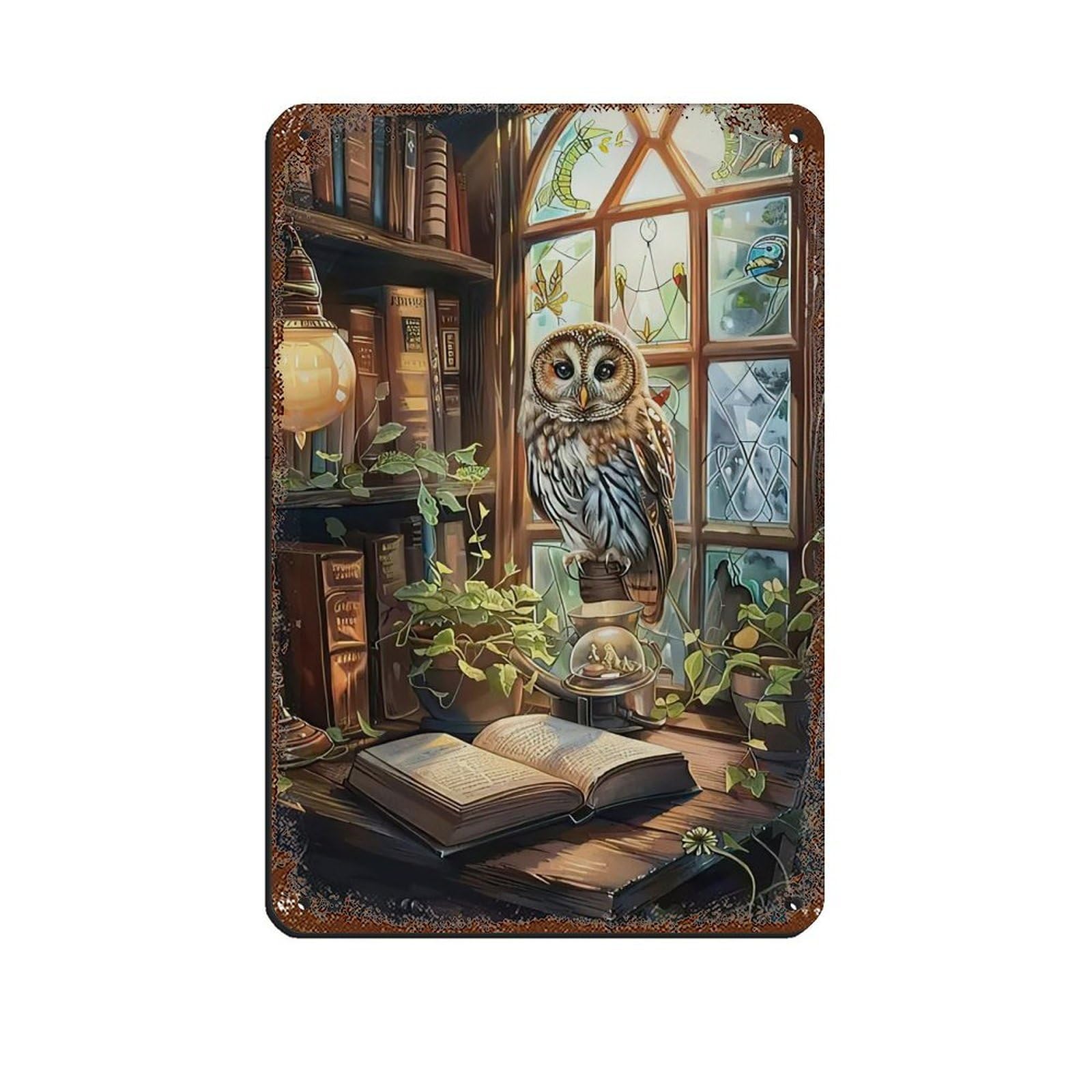 Lxwnze 20L X 30W Cm Vintage Owl And Books Painting Poster Tin Sign Vintage Metal Pub Club Cafe Bar Home Wall Art Decoration Poster Retro 8X12inch(20X30cm)