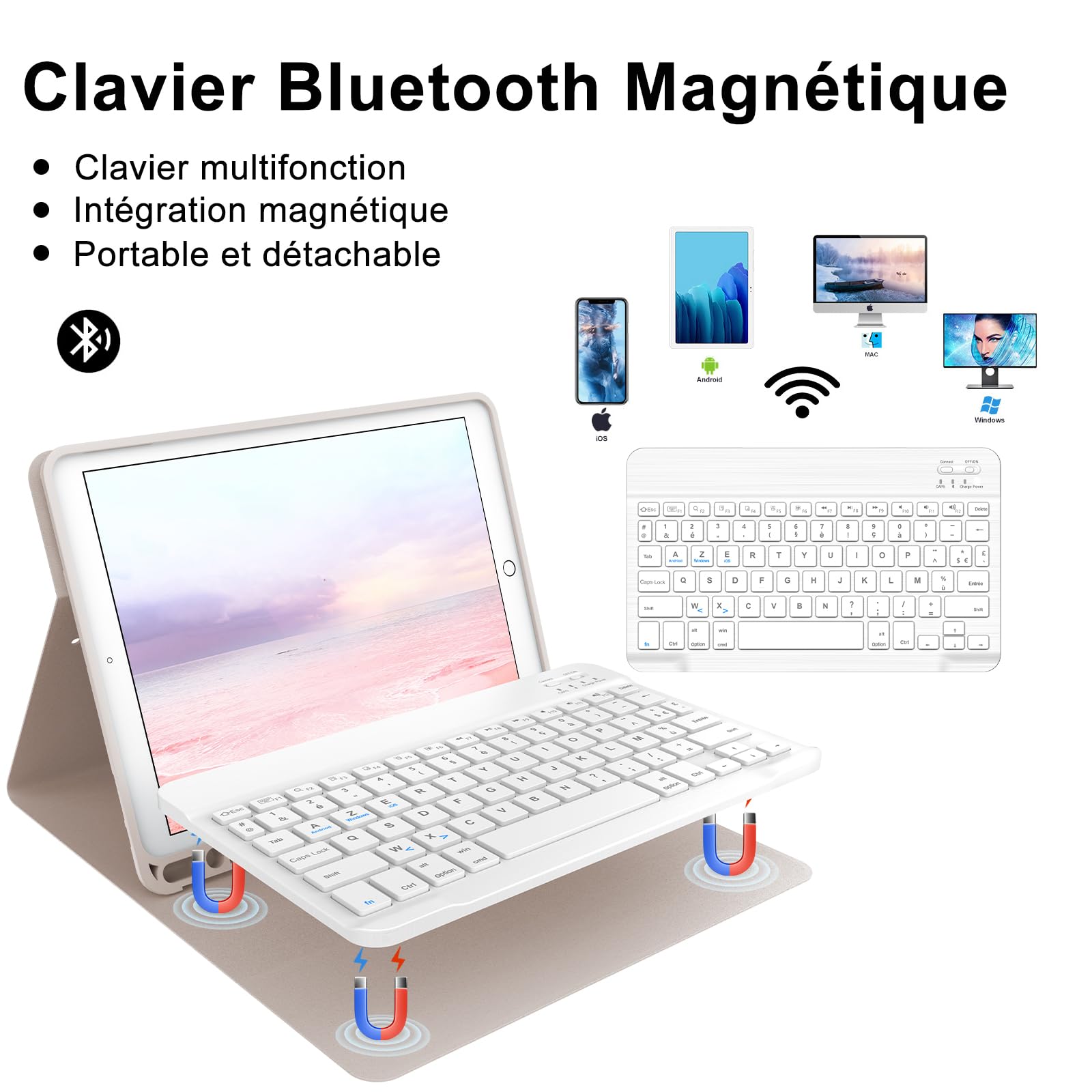 Funda teclado para iPad 9e/8e/7e Generation 10,2 pulgadas, AZERTY francés funda teclado Bluetooth desmontable con soporte para iPad 2021/2020/2019 10.2"/Air 3 2019/iPad Pro 10.5 2017, rosa
