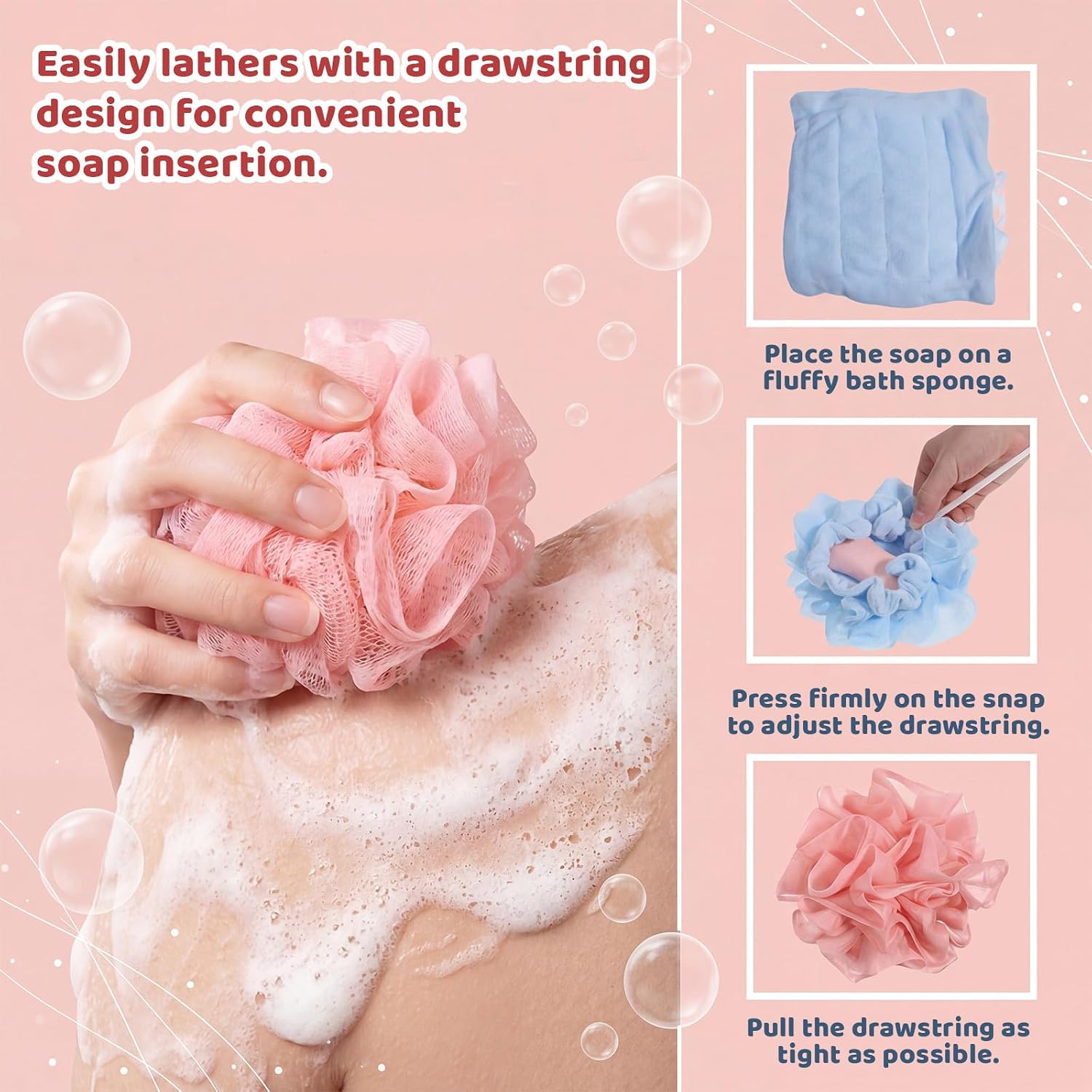 2 Pcs Drawstring Bar Soap Loofah Pouch, 2 in 1 Soap Bar Loofah, Exfoliating Mesh Shower Ball, Dual-Sided Body Scrubber Washcloth for Gentle Skin Smoothing (Pink, Blue)
