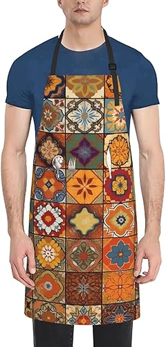 Group of Moroccan Geometric Aprons for Women with 2 Pockets, Kitchen Cooking Apron for Men, Water and Oil Resistant, Adjustable Bib Apron Extra Long