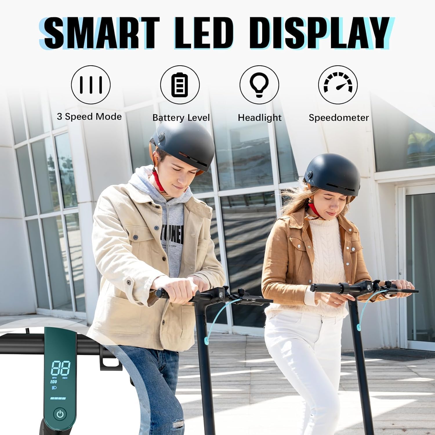 Smart LED Display showing speed modes, battery level, headlight, and speedometer