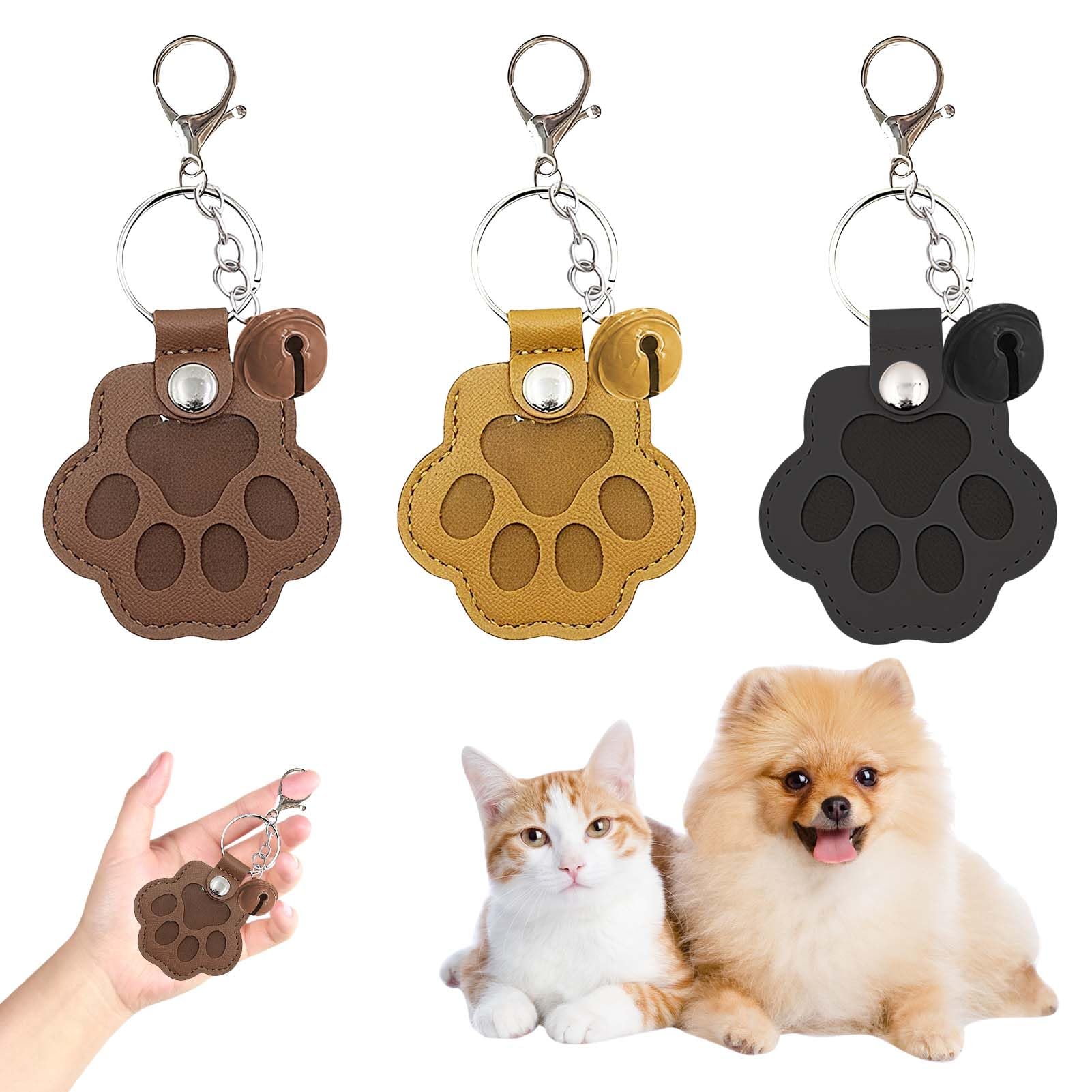 Leather Pet Memorial Keychain 3PCS Pet Fur Keepsake Keyring with Bell Paw Shaped Dog Hair Collector Keychain Pets Hair Storage Pouch Fur Memorial Keyring for Pet Commemorative Pet Memorial Gifts
