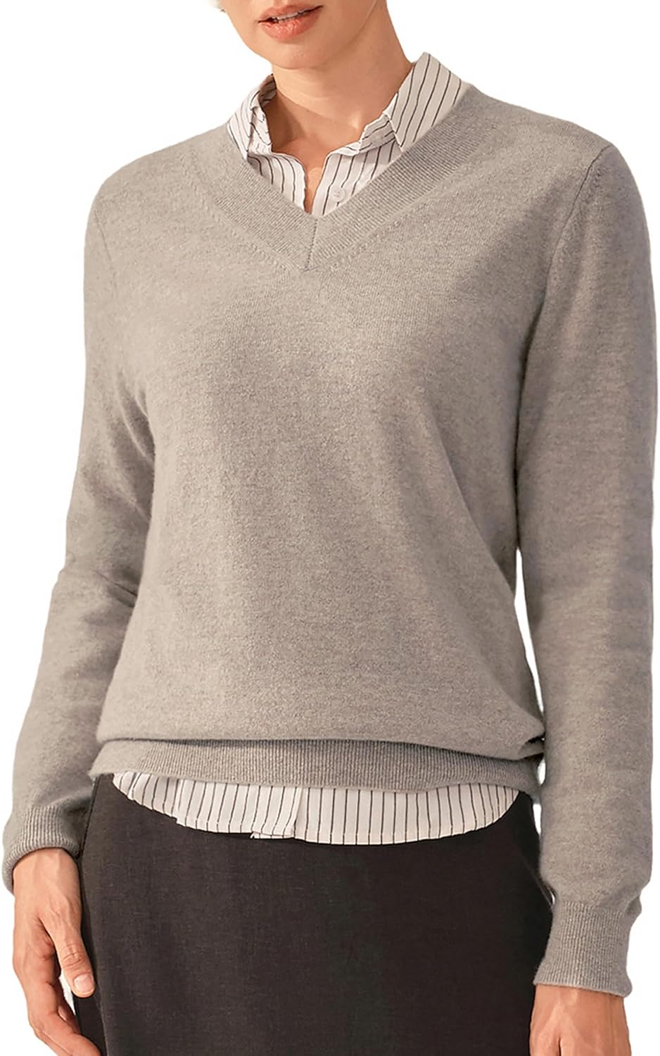 KVSS 100% Pure Cashmere Sweater for Women V Neck Wide Ribbed Knit Neckline Long Sleeve Pullover | Luxury from Inner Mongolia