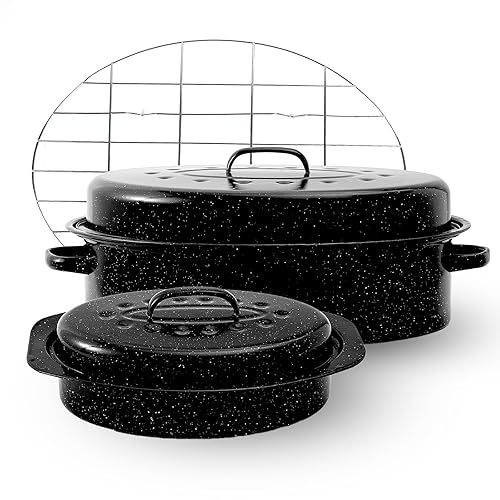 Enamel Roaster Pan With Lid and Rack Set 13"19"Granite Roasting